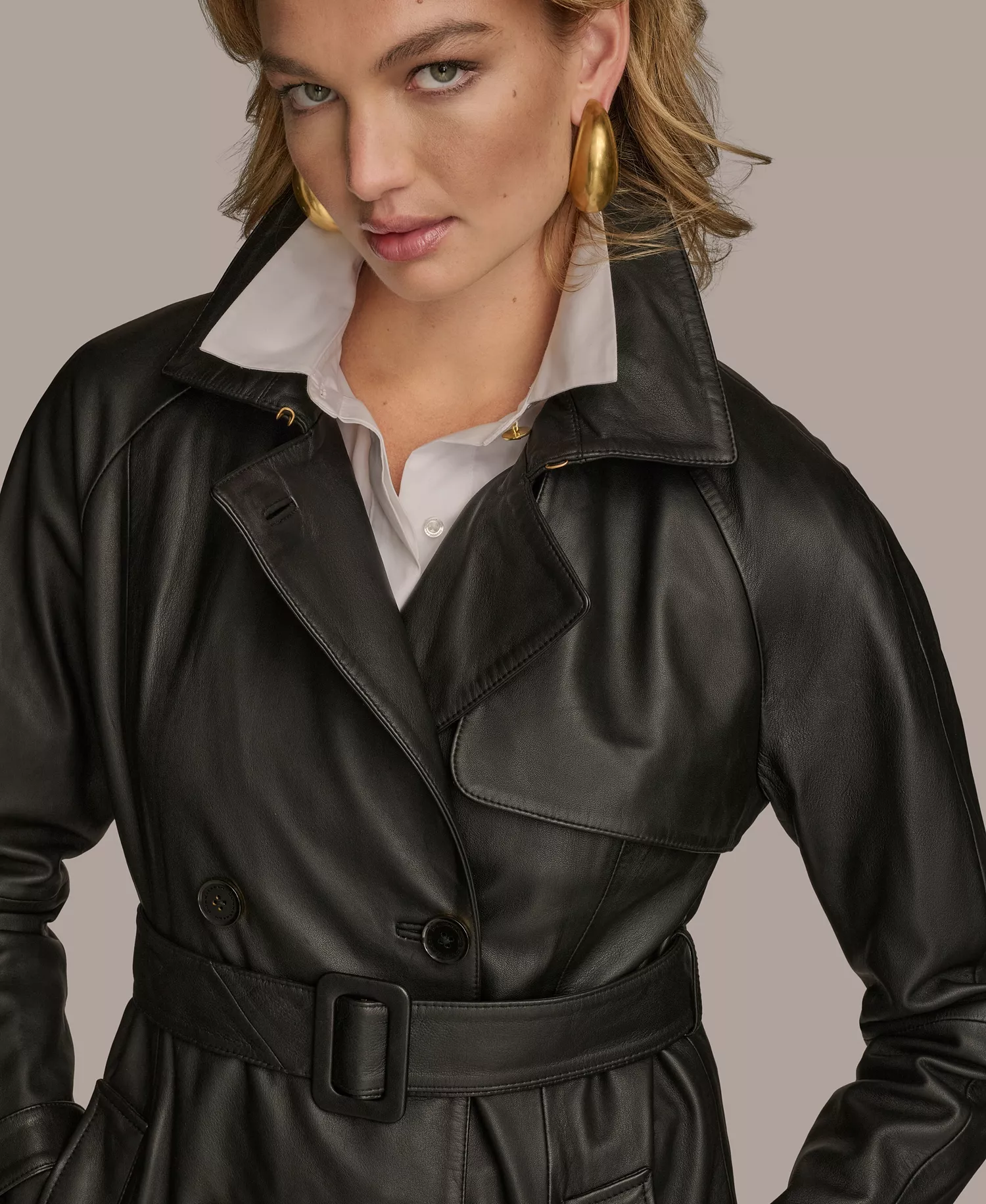 Women's Belted Leather Trench Coat - Black - L