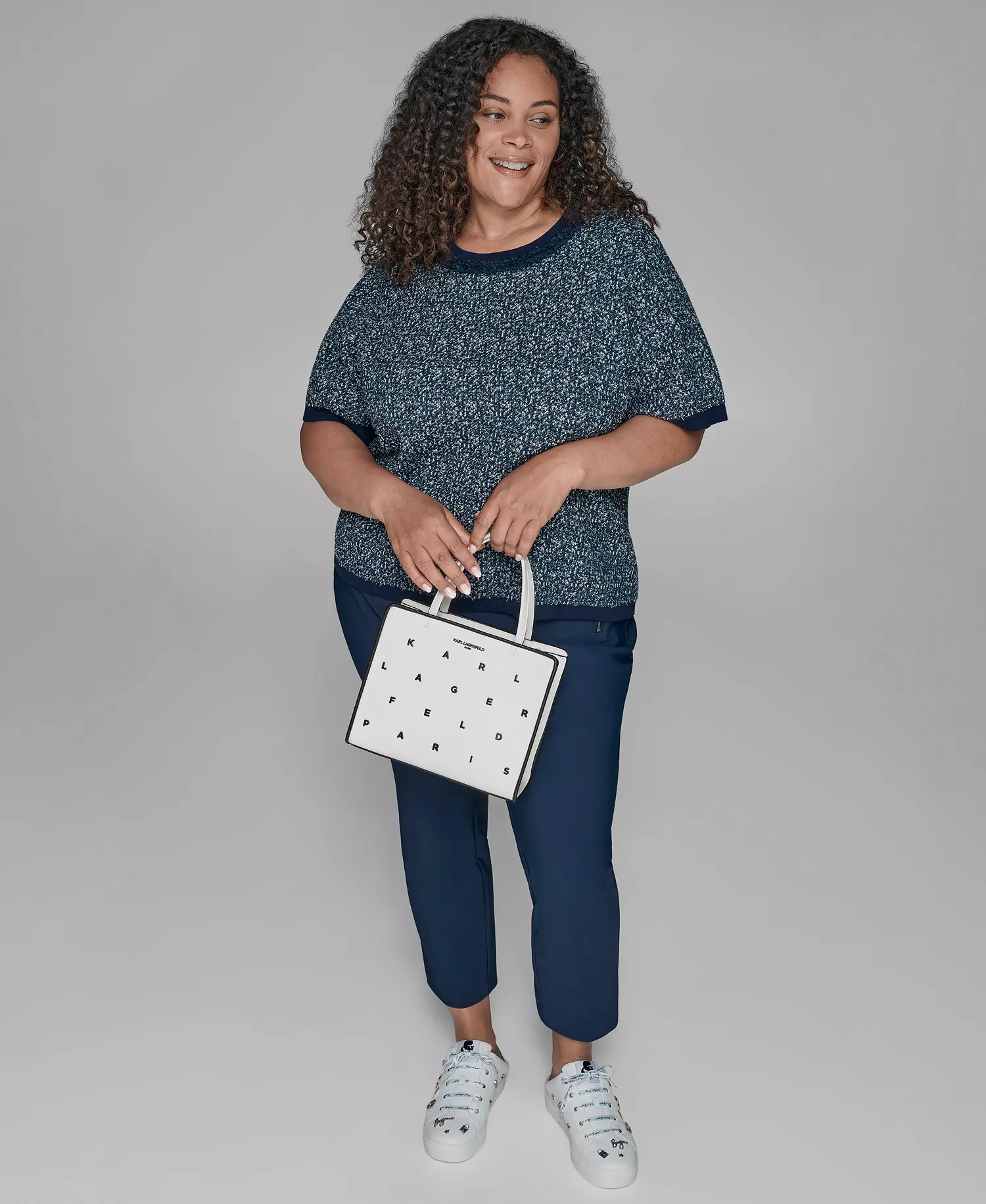 KARL LAGERFIELD PARIS Plus Size Short Sleeve Crew Sweater - Blue Soft White - 0X