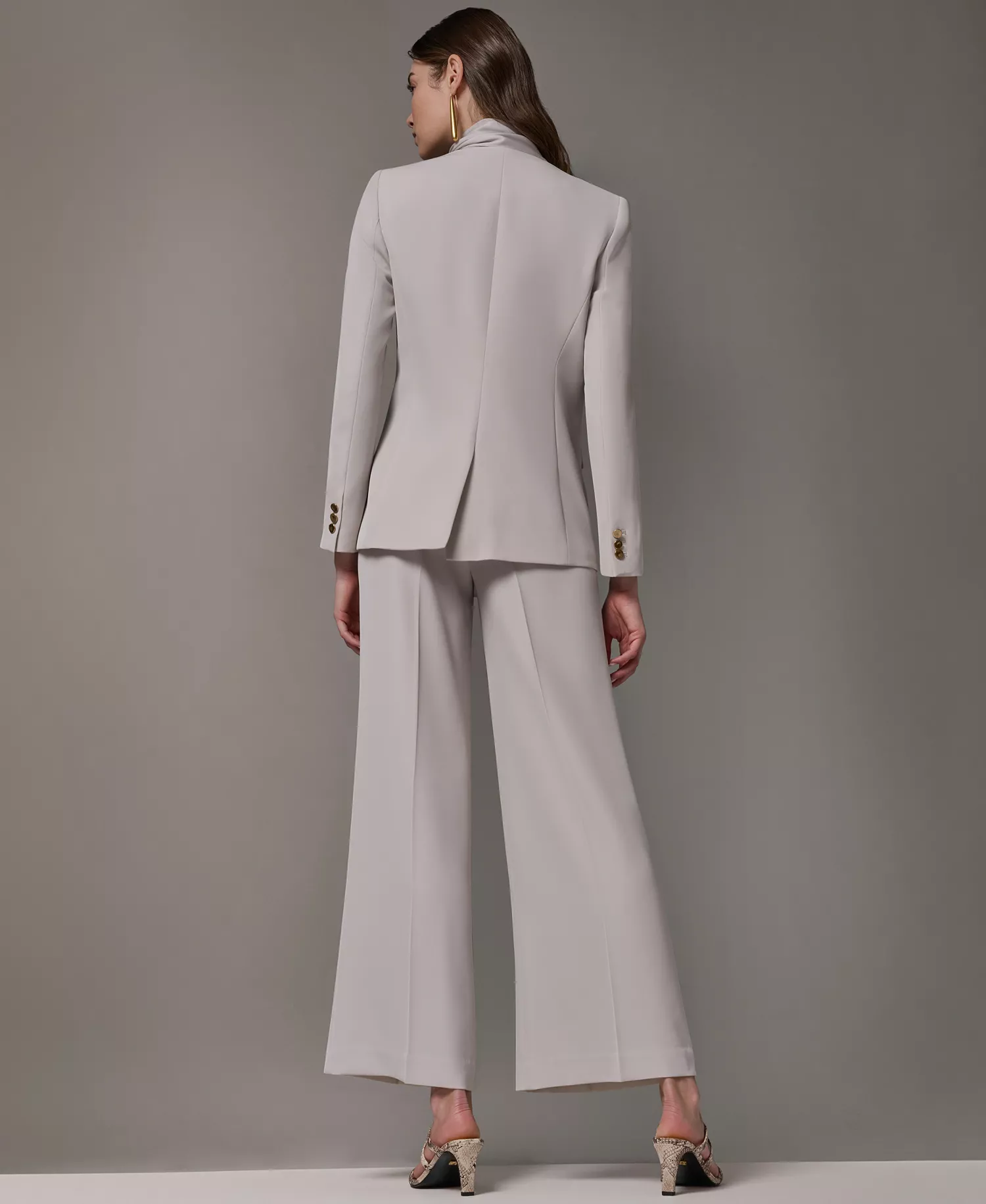 Women's Draped Necktie Fitted Blazer and High-Waist Wide-Leg Pants - Tuscan Gray - 0