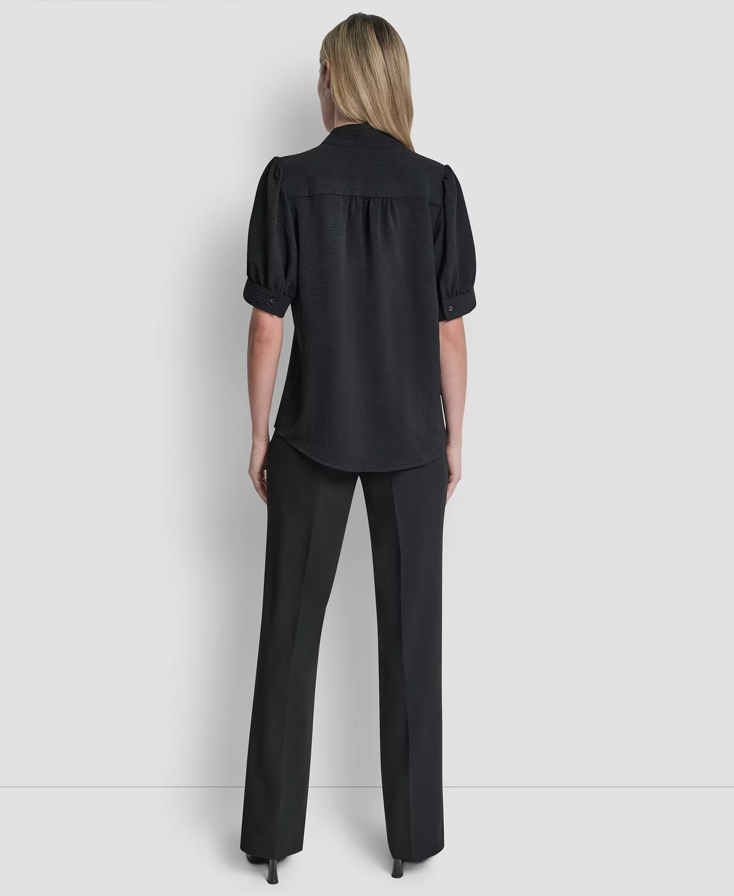 Women's Mandarin Collar Textured Woven Blouse - Black - L