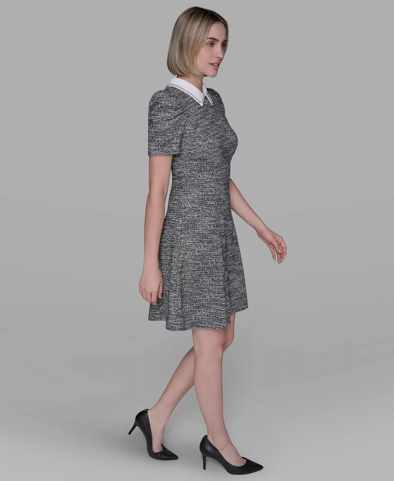 Women's Collared Tweed A-Line Dress - Soft White/Black - 10