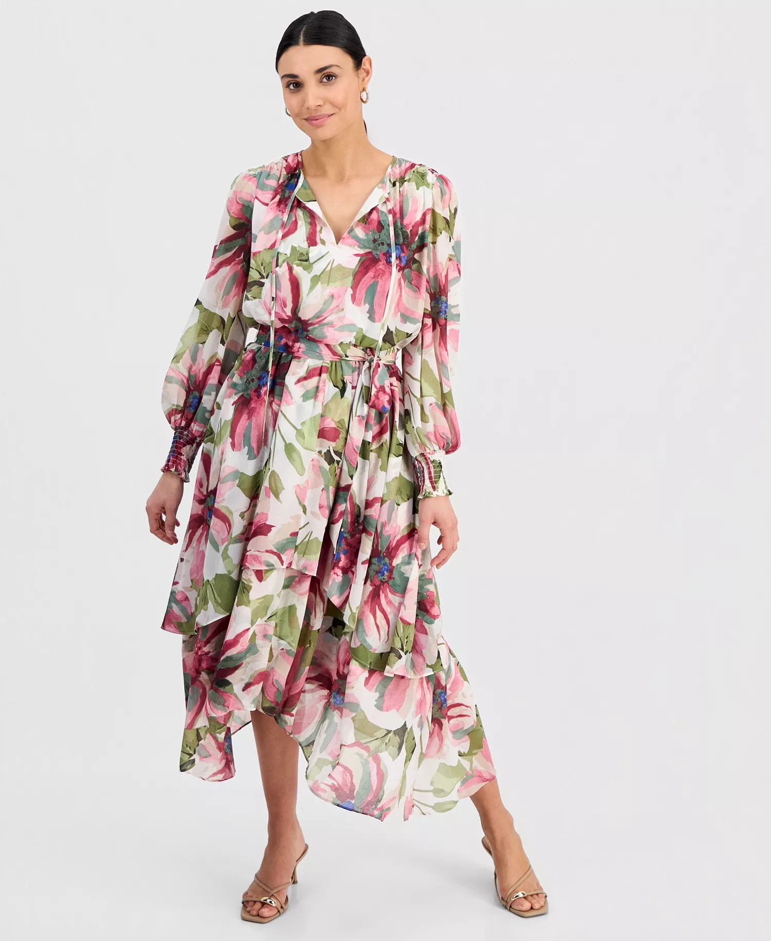 Petite Bubble-Sleeve Tie-Waist Tiered Dress, Created for Macy's - Farrah Bouquet - P/L