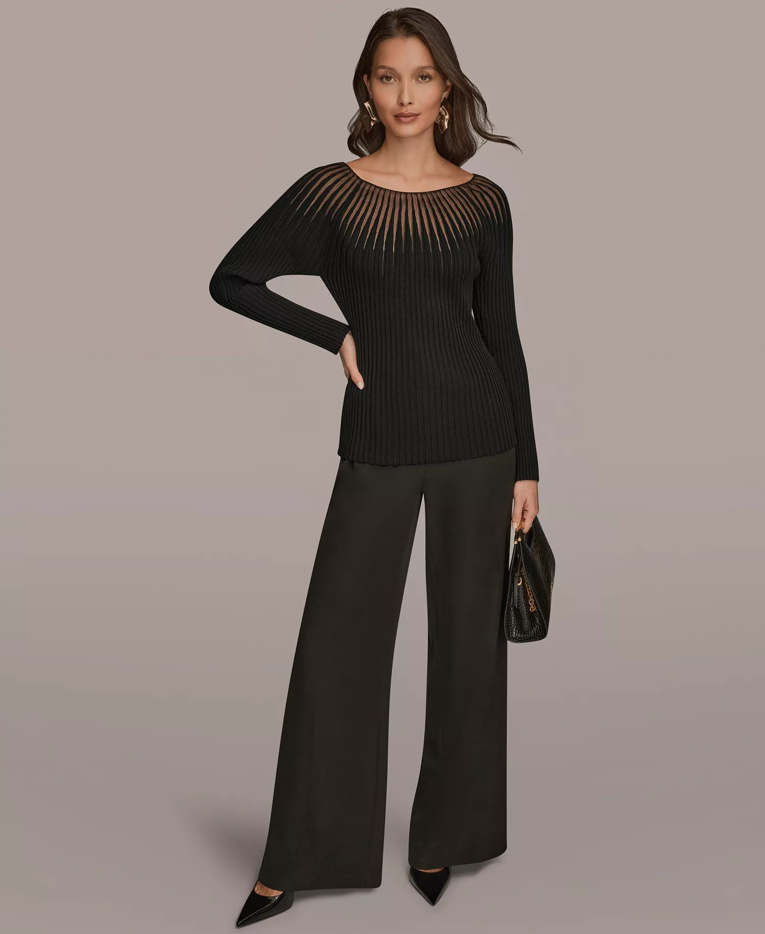 Women's Mesh Detail Boat Neck Sweater - Black - L