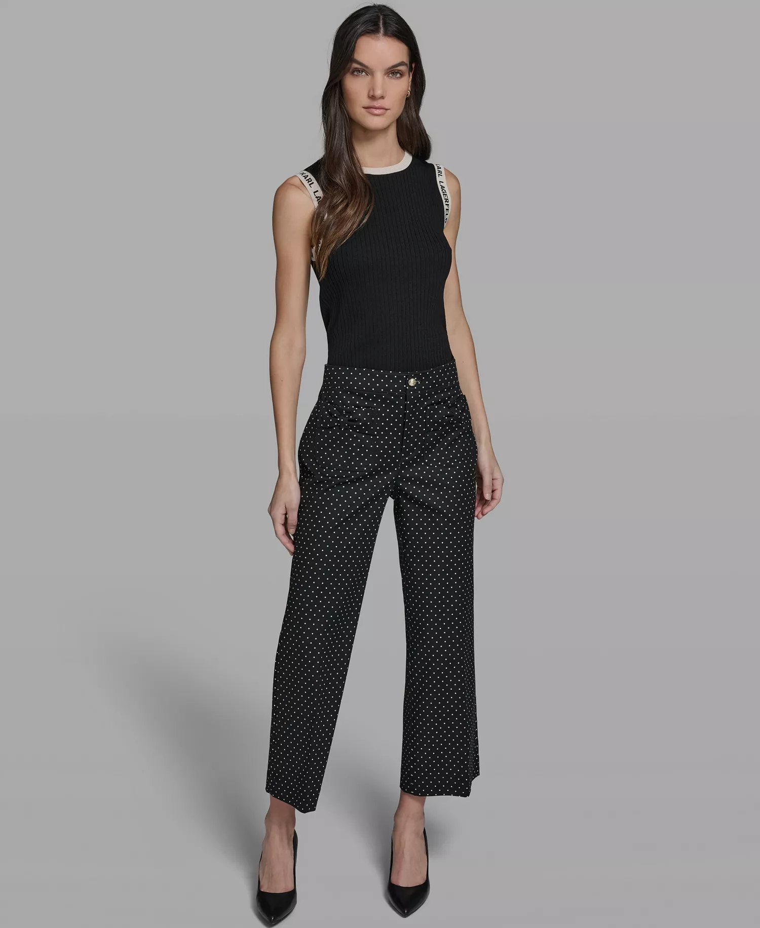 Women's Mid-Rise Straight Polka Dot Bow-Pocket Pants - Black/Bisque Combo - 0