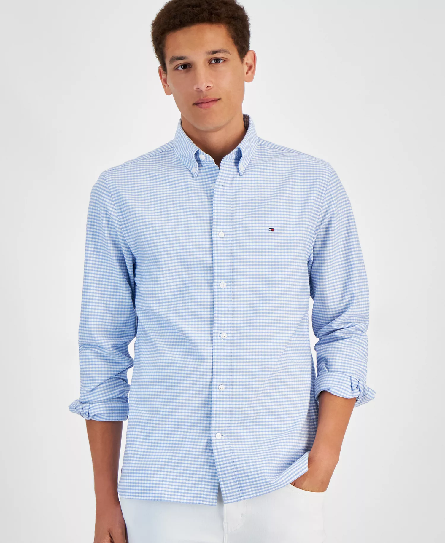 Men's Gingham Long Sleeve Button-Down Oxford Shirt - Cloudy Blue / Check - L