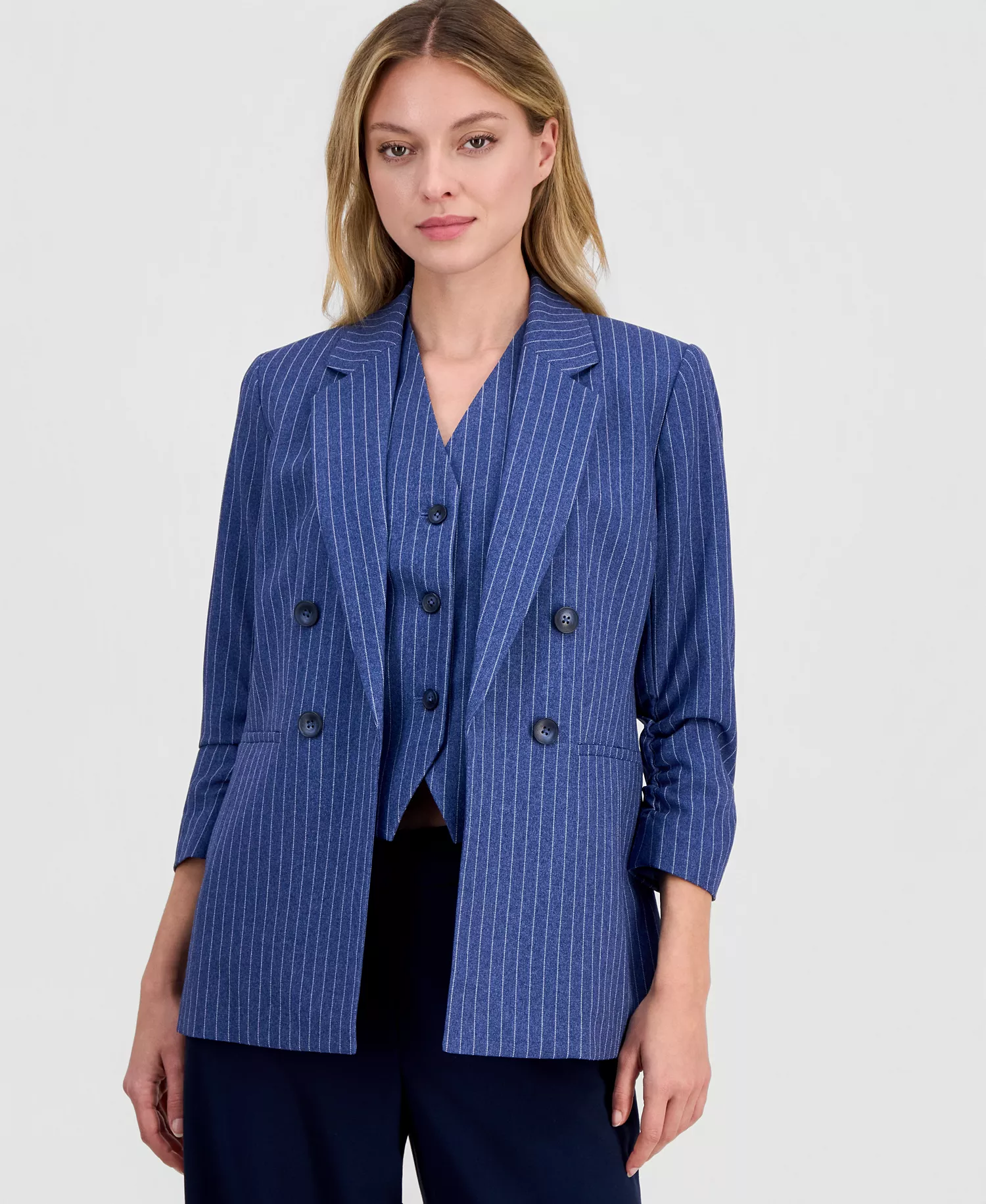 Women's Pinstripe Notched-Collar Jacket & V-Neck Vest, Macy's Exclusive - Bar Navy Multi - L