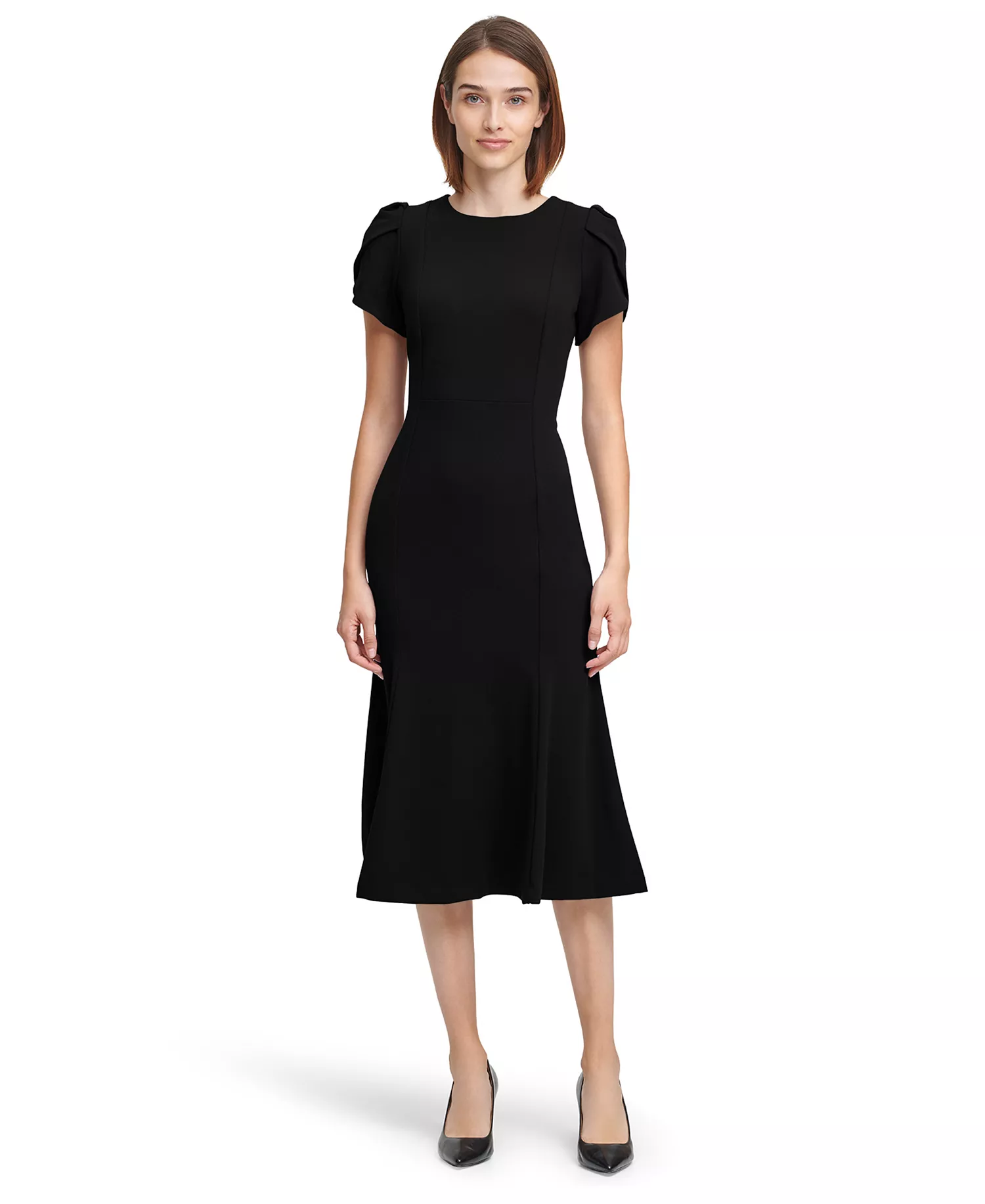 Women's Crew Neck Short-Sleeve Midi Dress - Black - 10