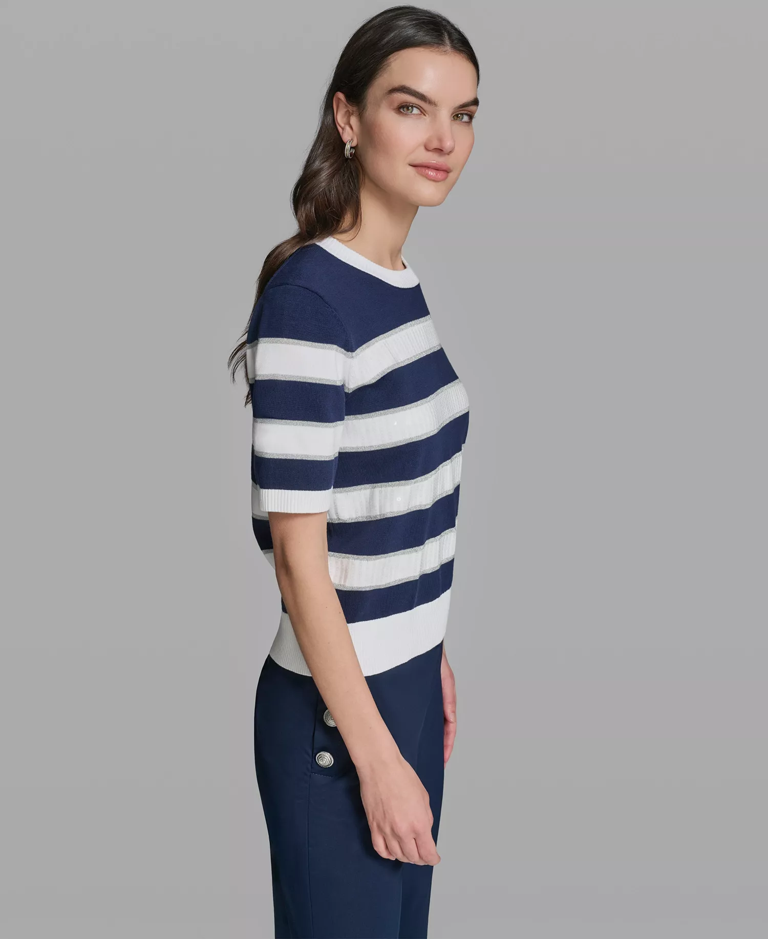 Women's Short-Sleeve Crewneck Sequin Stripe Sweater - Navel Academy/soft White - L