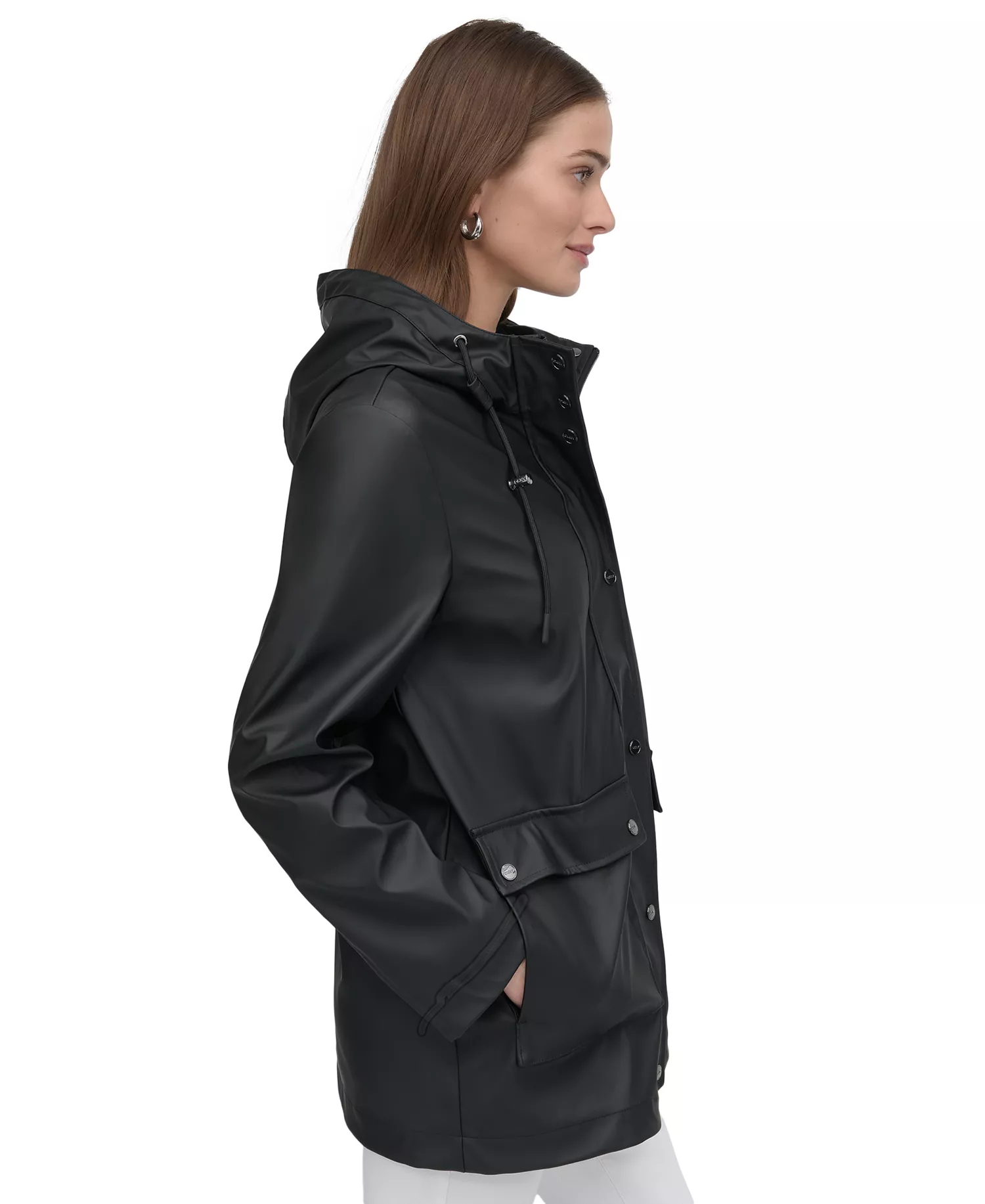 Women's Hooded Zip-Front Water-Resistant Raincoat - Black - S