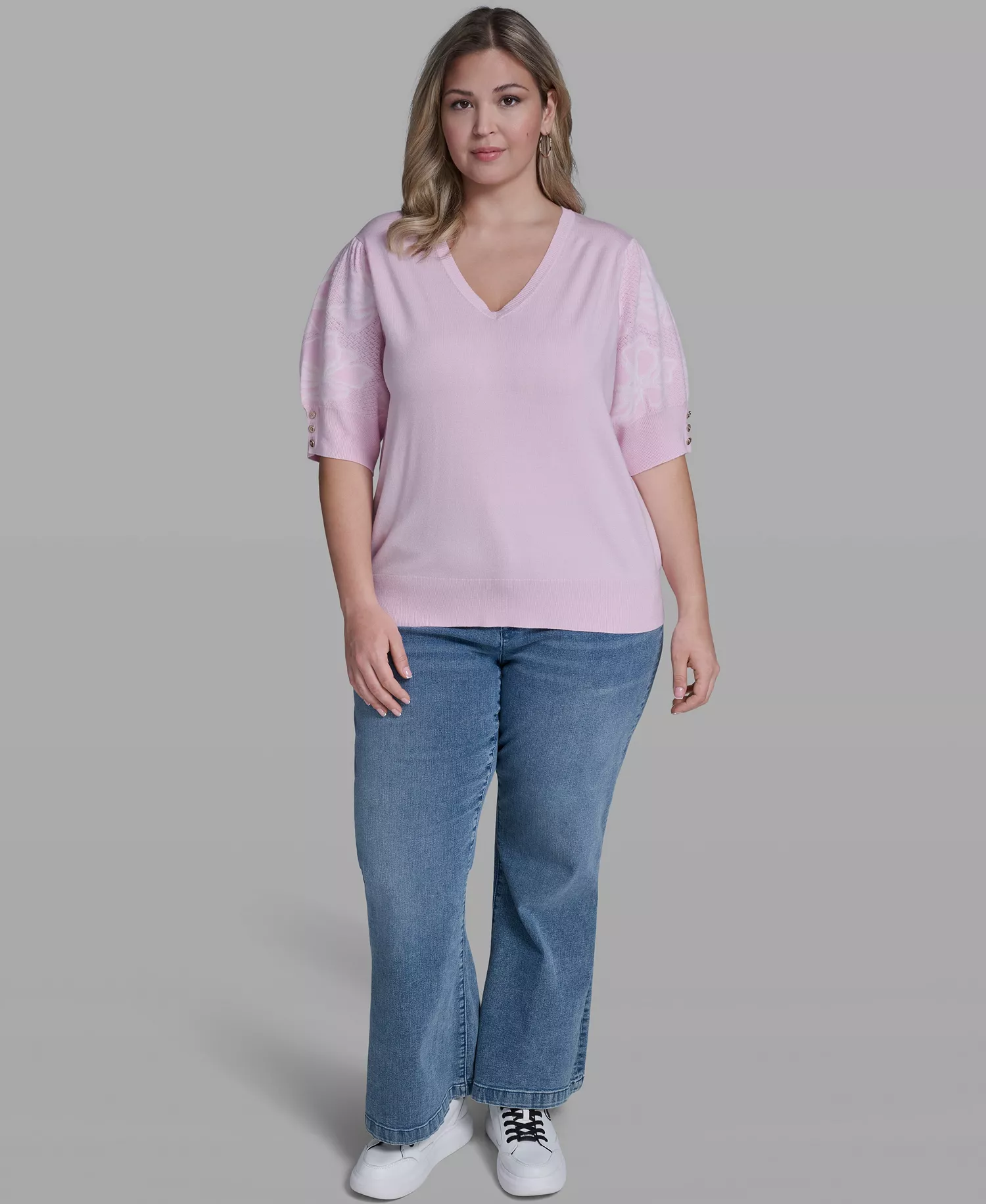 Plus Size Floral Printed Sleeve Sweater - Ballet Slipper - 0X