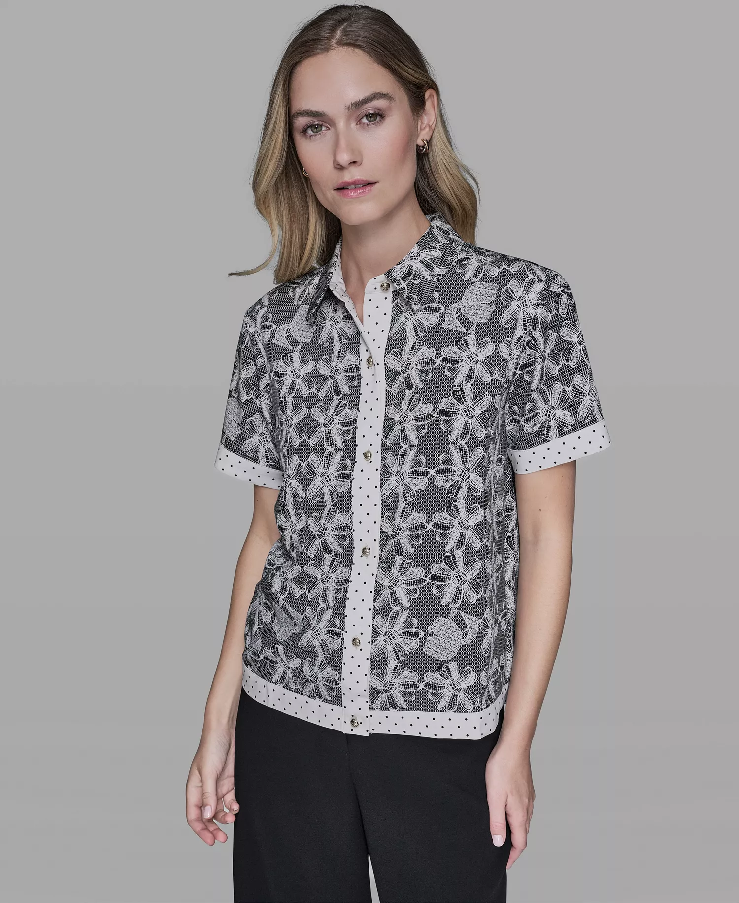Women's Lace Print Detail Camp Shirt - Black/bisque - L