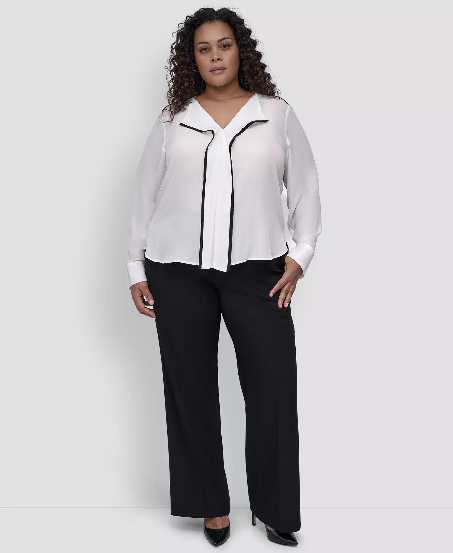 Plus Size Contrast-Trim Long-Sleeve Blouse - Linen White/Black - 1X
