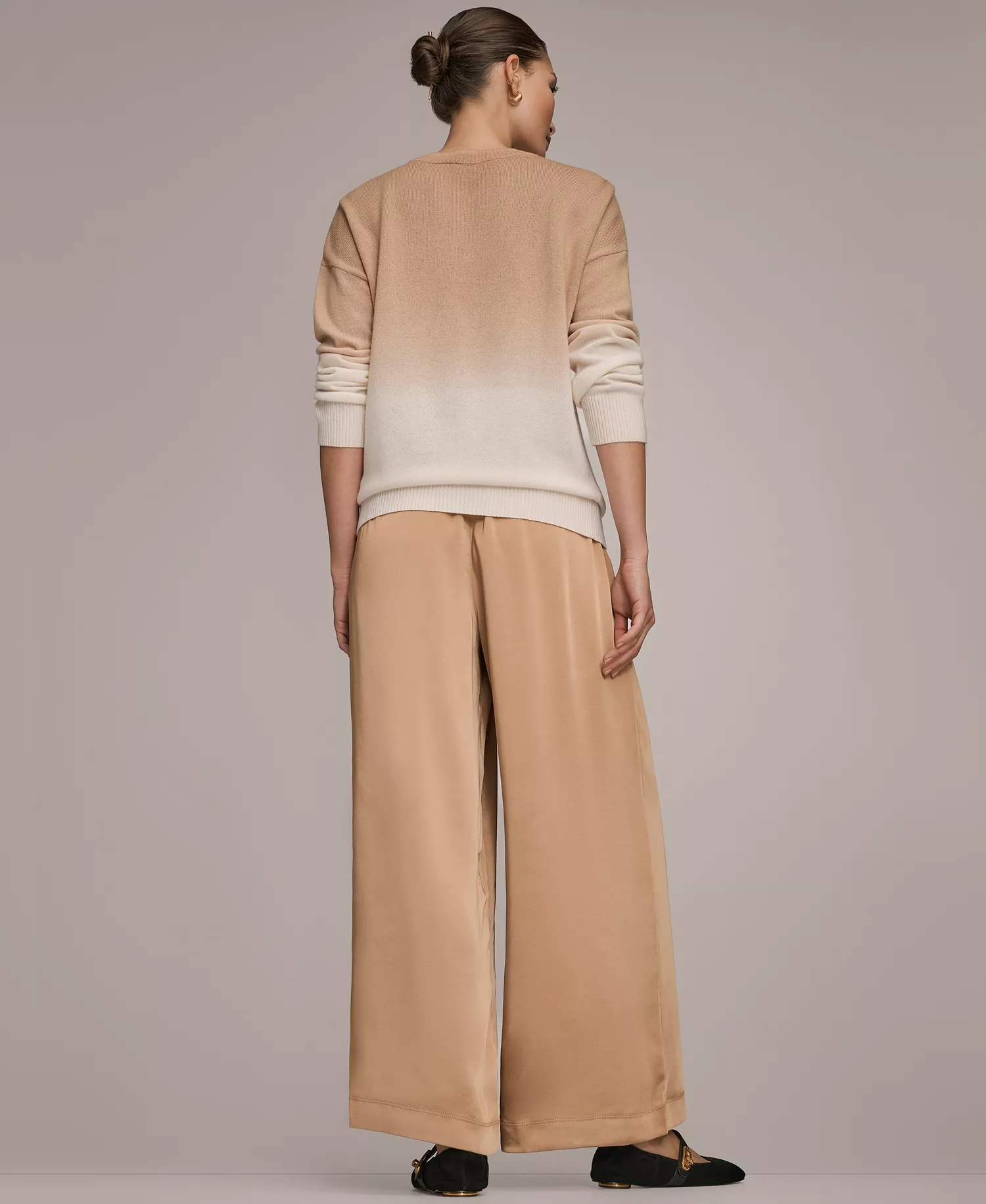 Women's Long Sleeve Wool Cashmere Blend Dye Dip Sweater - Cream/Fawn - L