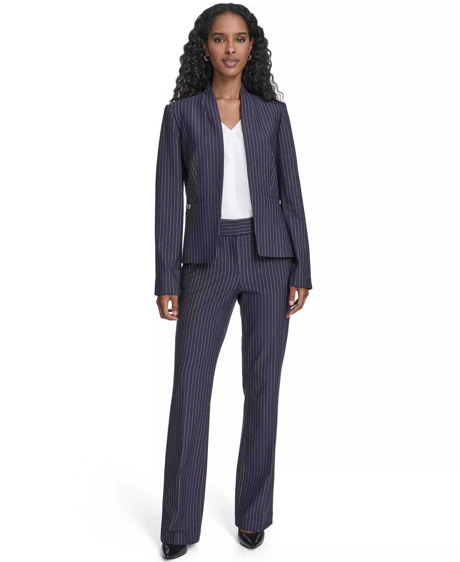 Women's Open Front Jacket, Sutton Pants and Contrast Trim Button Up Blouse - Midnight/ Khaki - 0