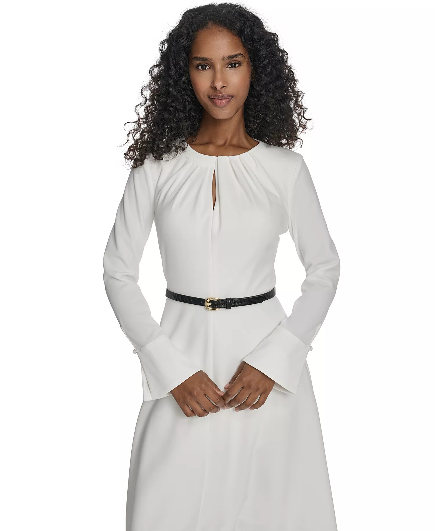 Women's Belted Bell Sleeve Crew Neck Dress - Cream - 10