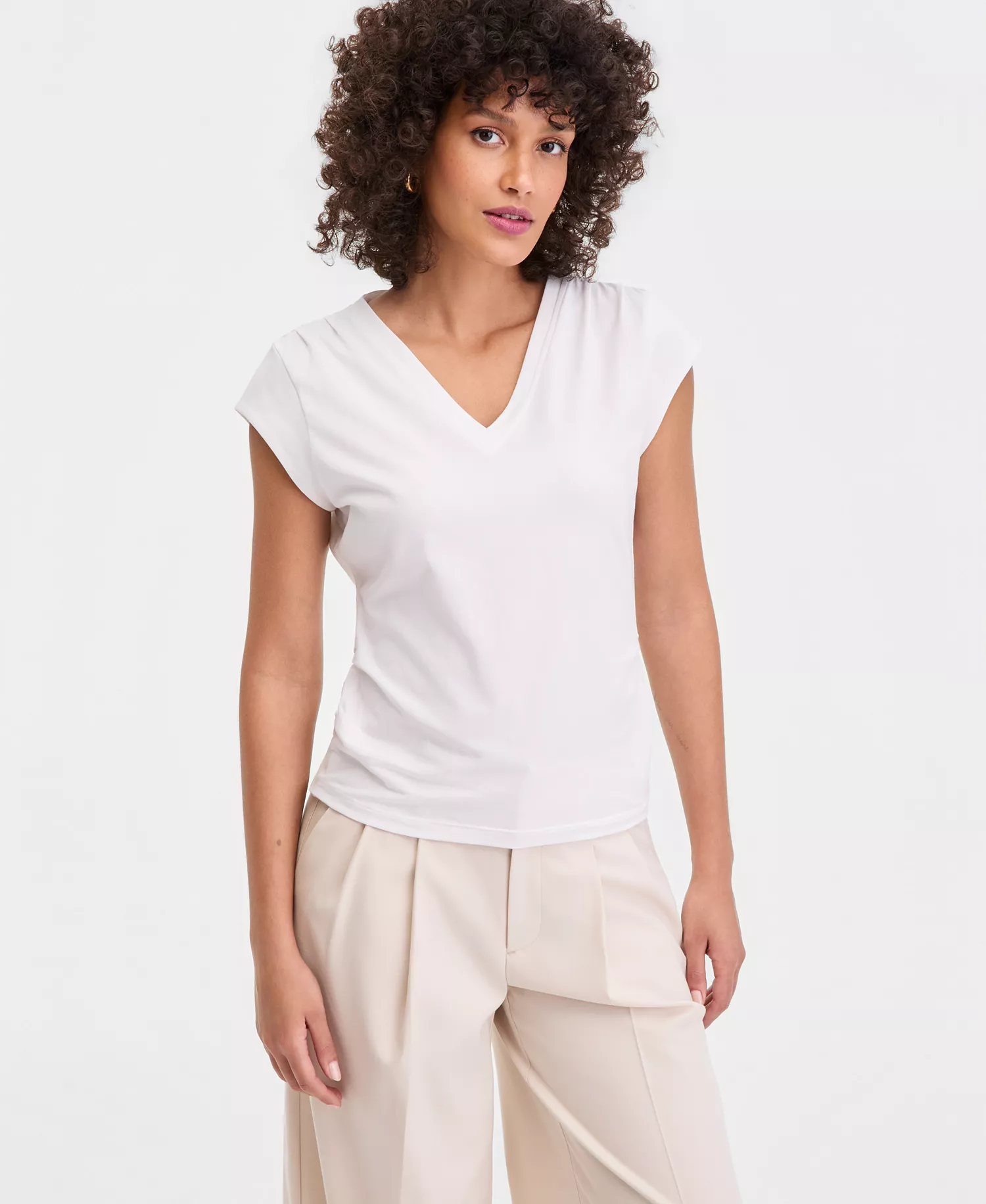 Women's Cap-Sleeve V-Neck T-Shirt, Macy's Exclusive - Bright White - L