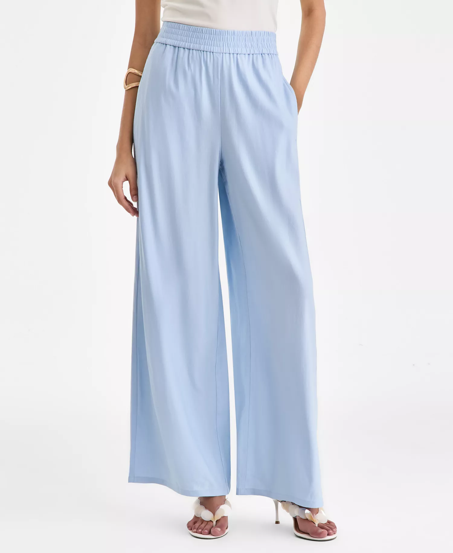 Women's Linen-Blend Wide-Leg Pull On Pants - Bliss Blue - L