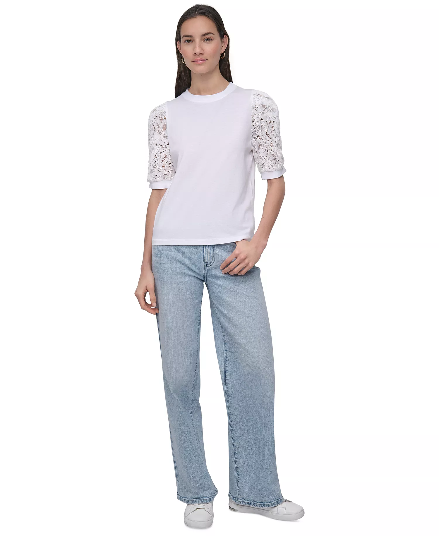 Women's Mixed Media Lace-Sleeve Top - IVY - IVORY - L
