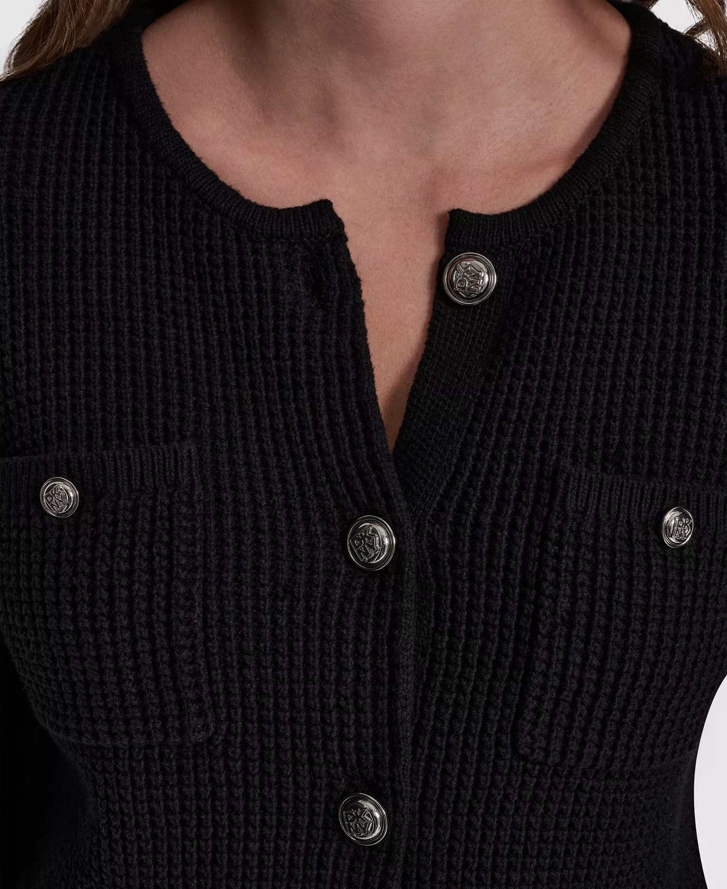 Petite Tuck Stitch Long-Sleeve Cardigan - Black - PL