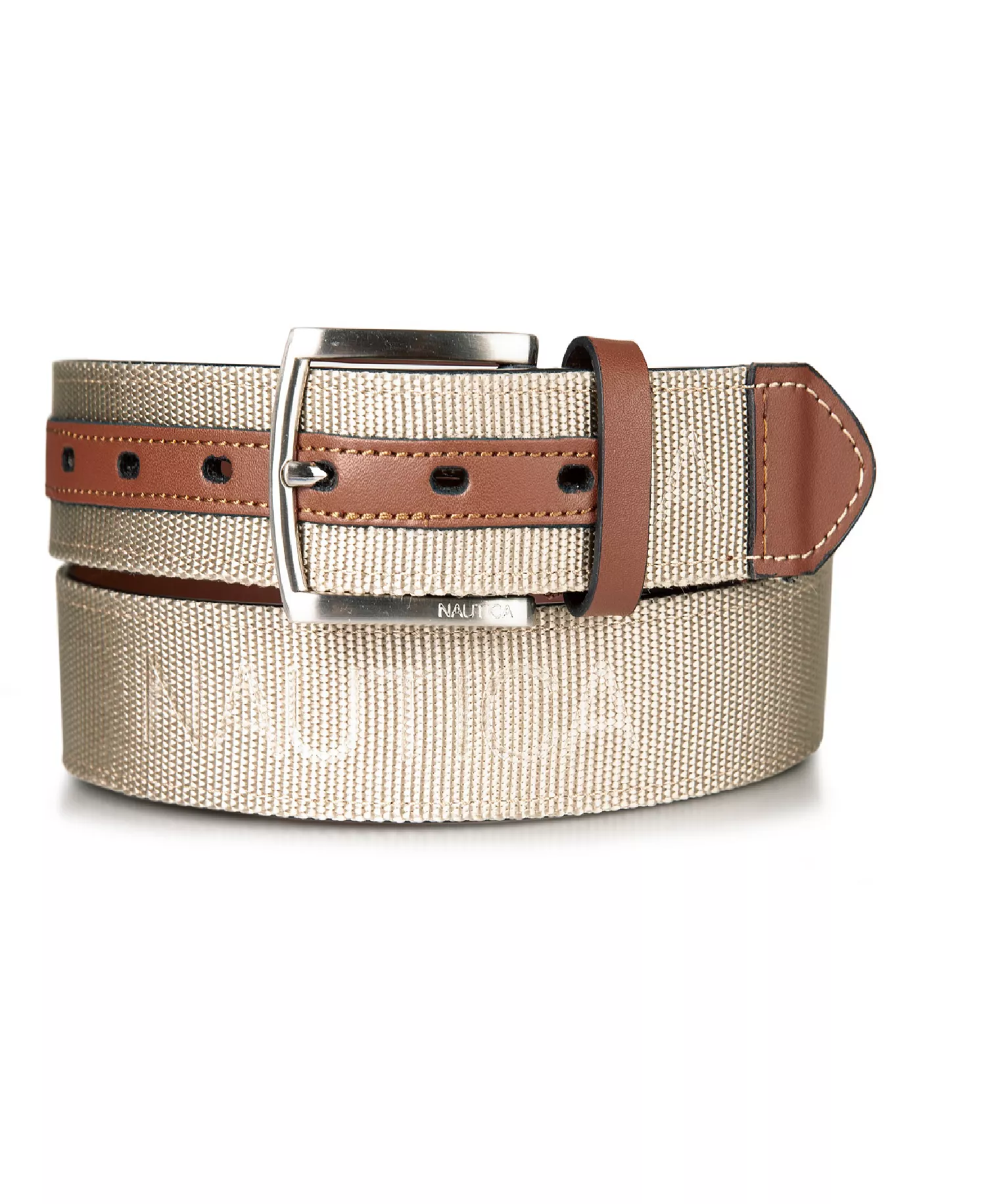 Men's Leather Tab Signature Webbing Logo Belt - Khaki - Large