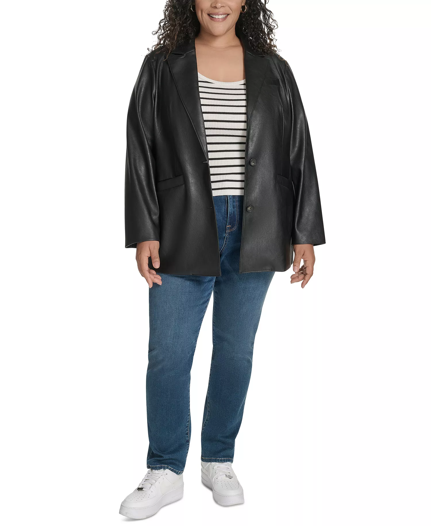 Plus Size Faux-Leather Peak-Lapel Jacket - Black - 1X