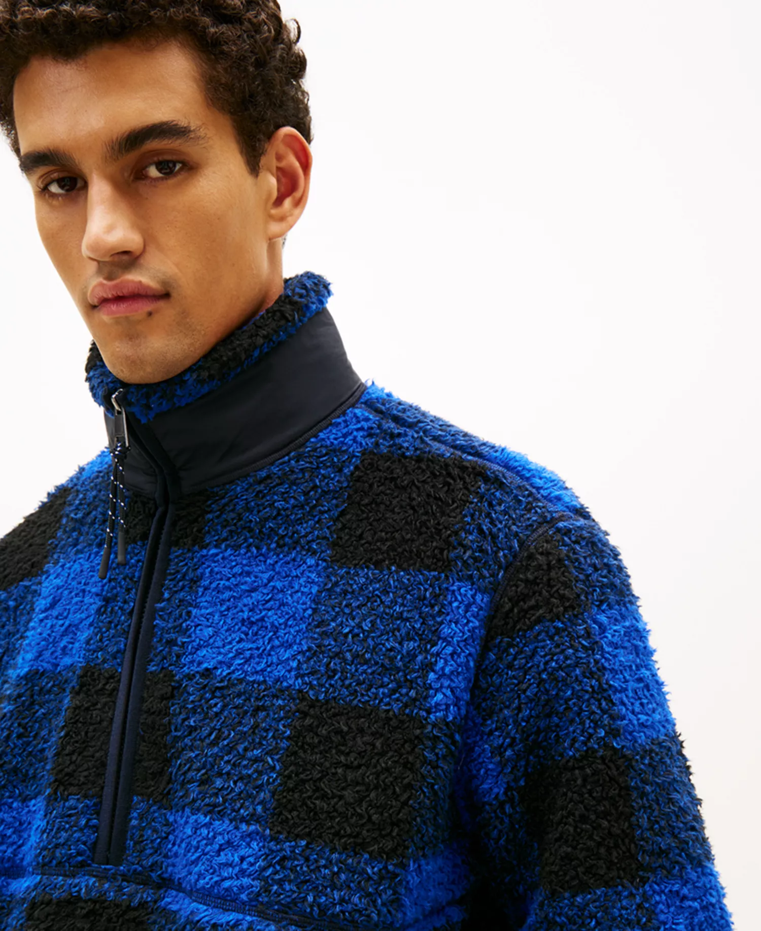 Men's Teddy Fleece Check Pullover Jacket - Wedge Blue / Black - L