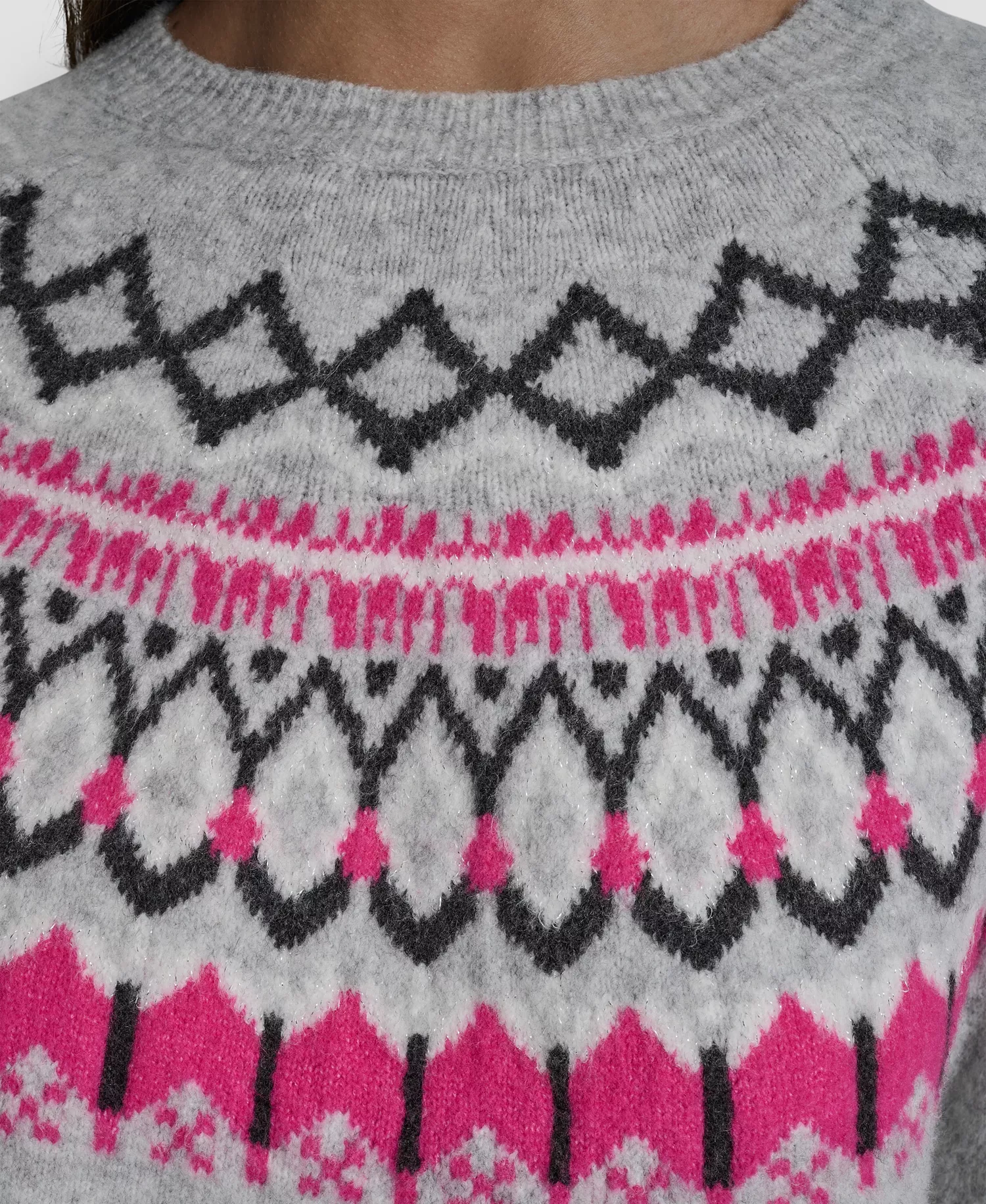 Women's Fair Isle Crewneck Raglan Sweater  - Festve Pink Combo - L
