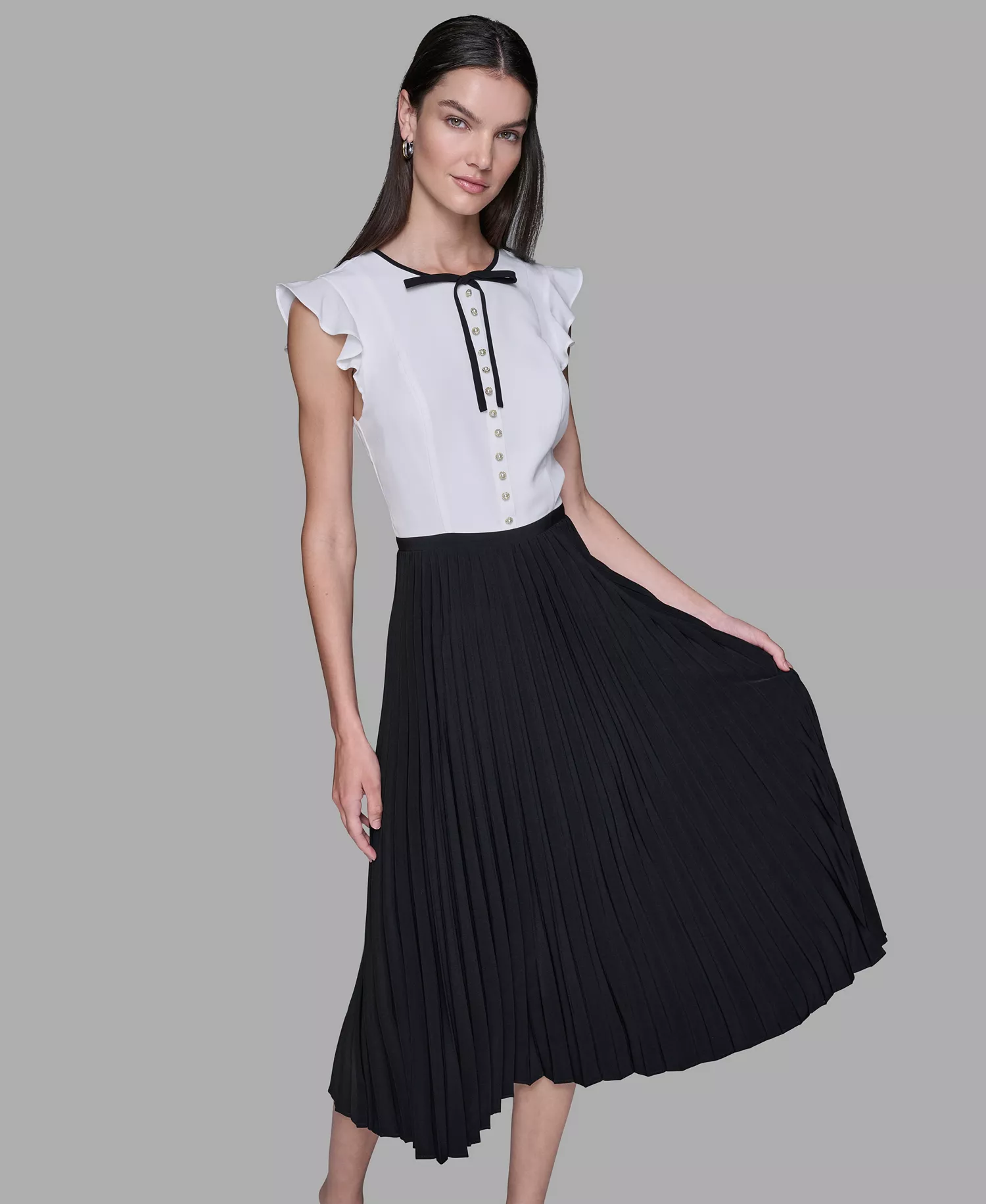 Women's Silky Crepe Midi Dress with Pleated Skirt - Soft White/ Black - 10
