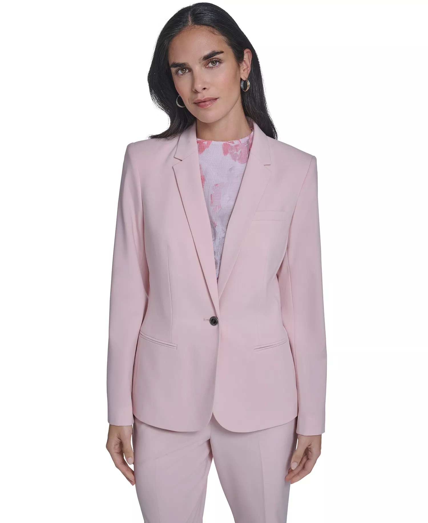 Calvin Klein Petite One-Button Blazer and Modern Straight Leg Pants - Latte/Petal Pink - 10P