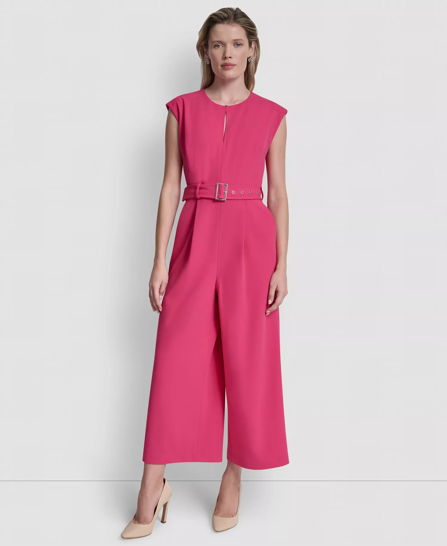 Women's Cap-Sleeve Jewel Neck Cropped Jumpsuit - Hot Pink - 10