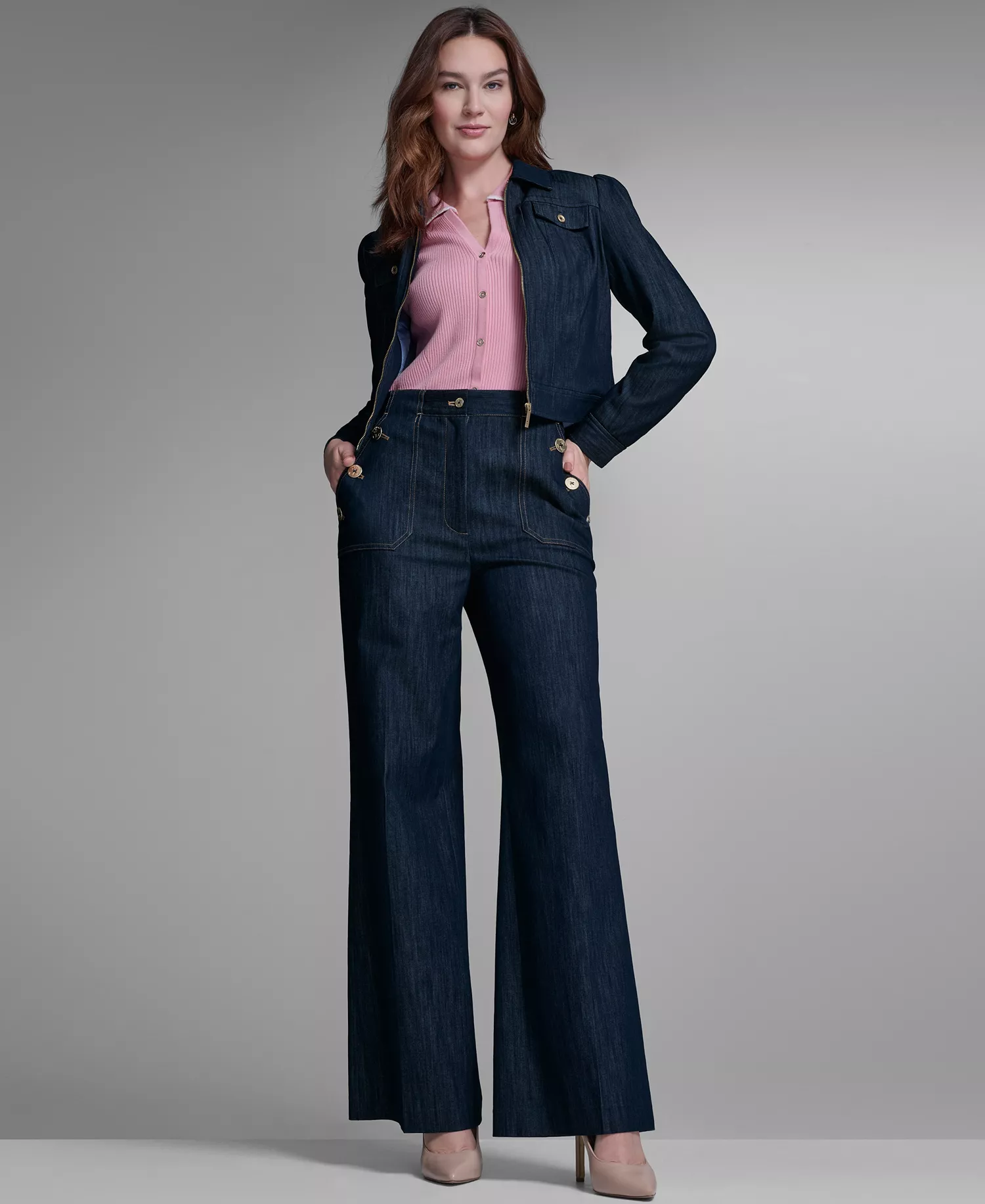 Women's Denim Zip Trucker Jacket - Navy - L