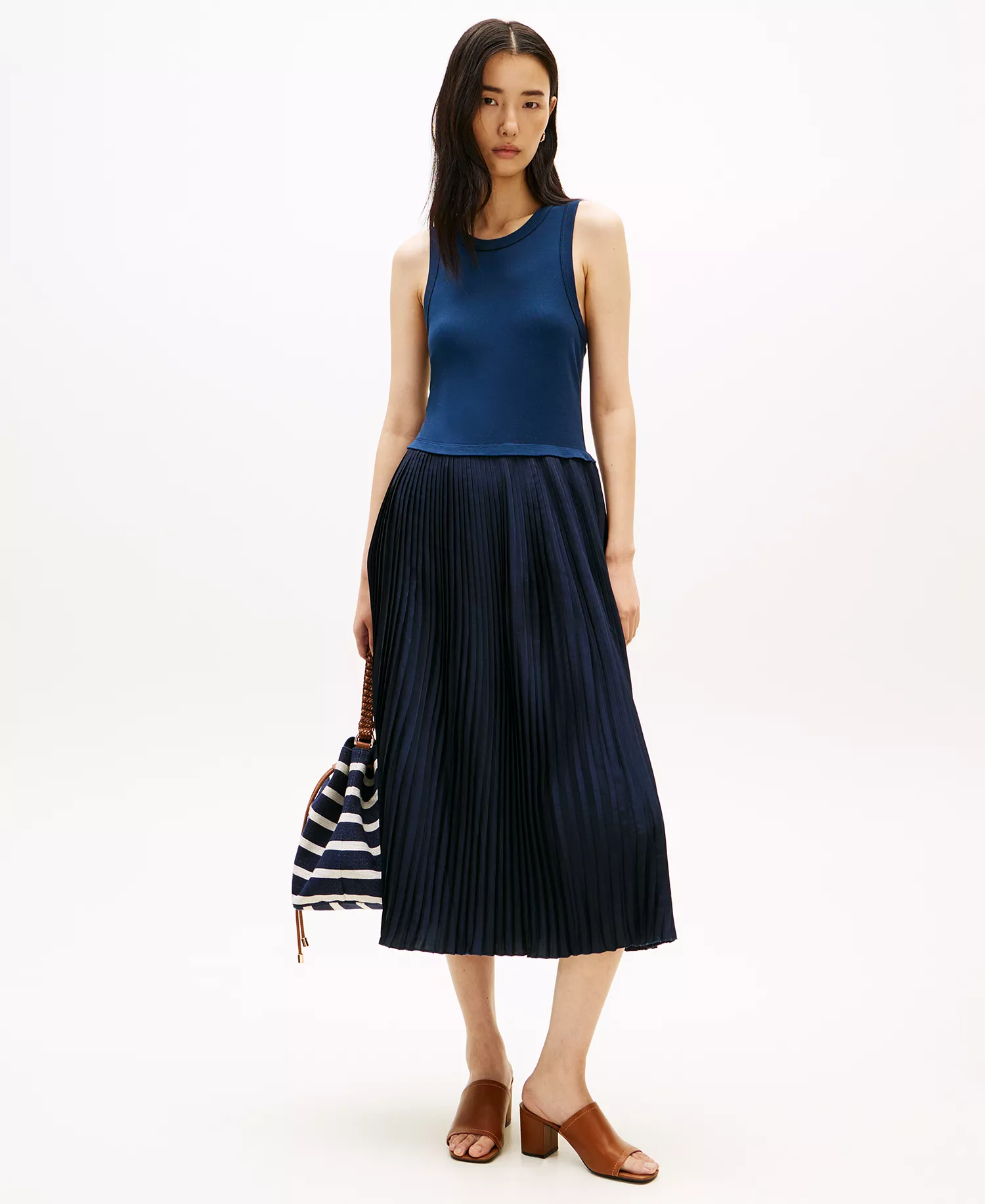 Women's Mix Media Pleated Sleeveless Midi Dress - Dark Night Navy - L
