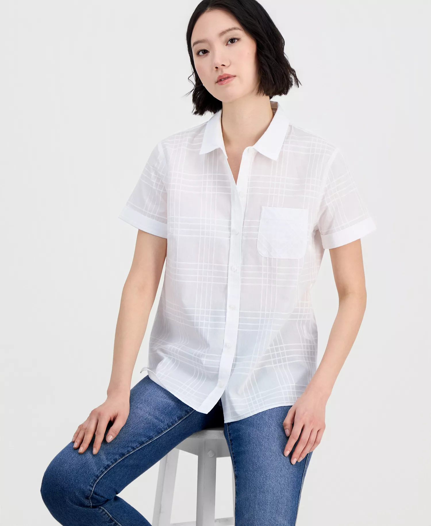 Nautica Women's Cotton Dobby Plaid Camp Shirt - Bright White - L
