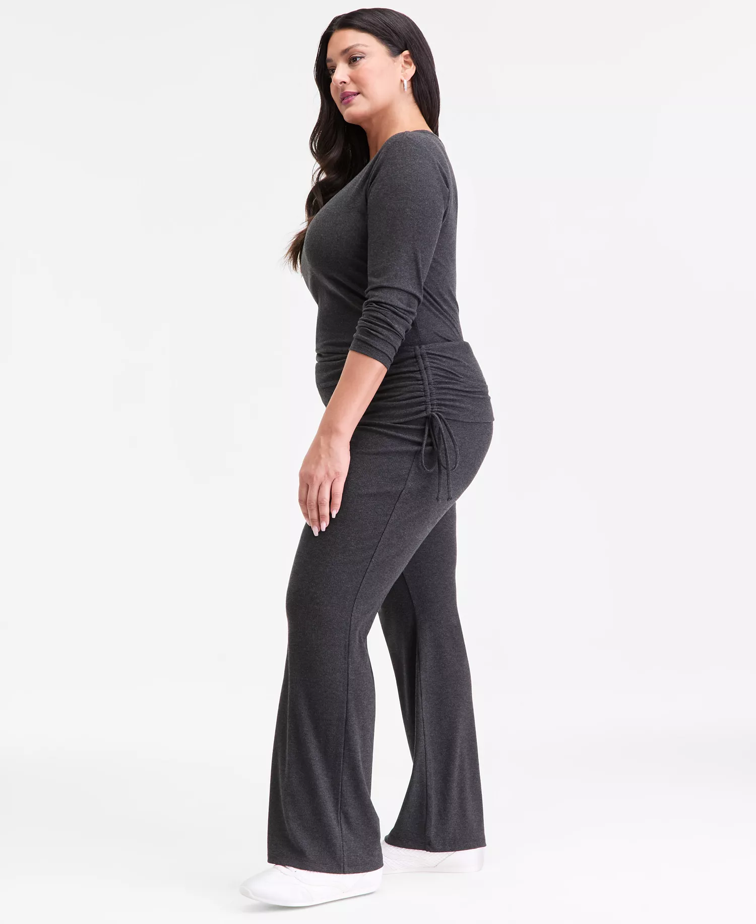 Plus Size Ribbed Foldover Drawstring Pants, Macy's Exclusive - Charcoal Heather - 0X