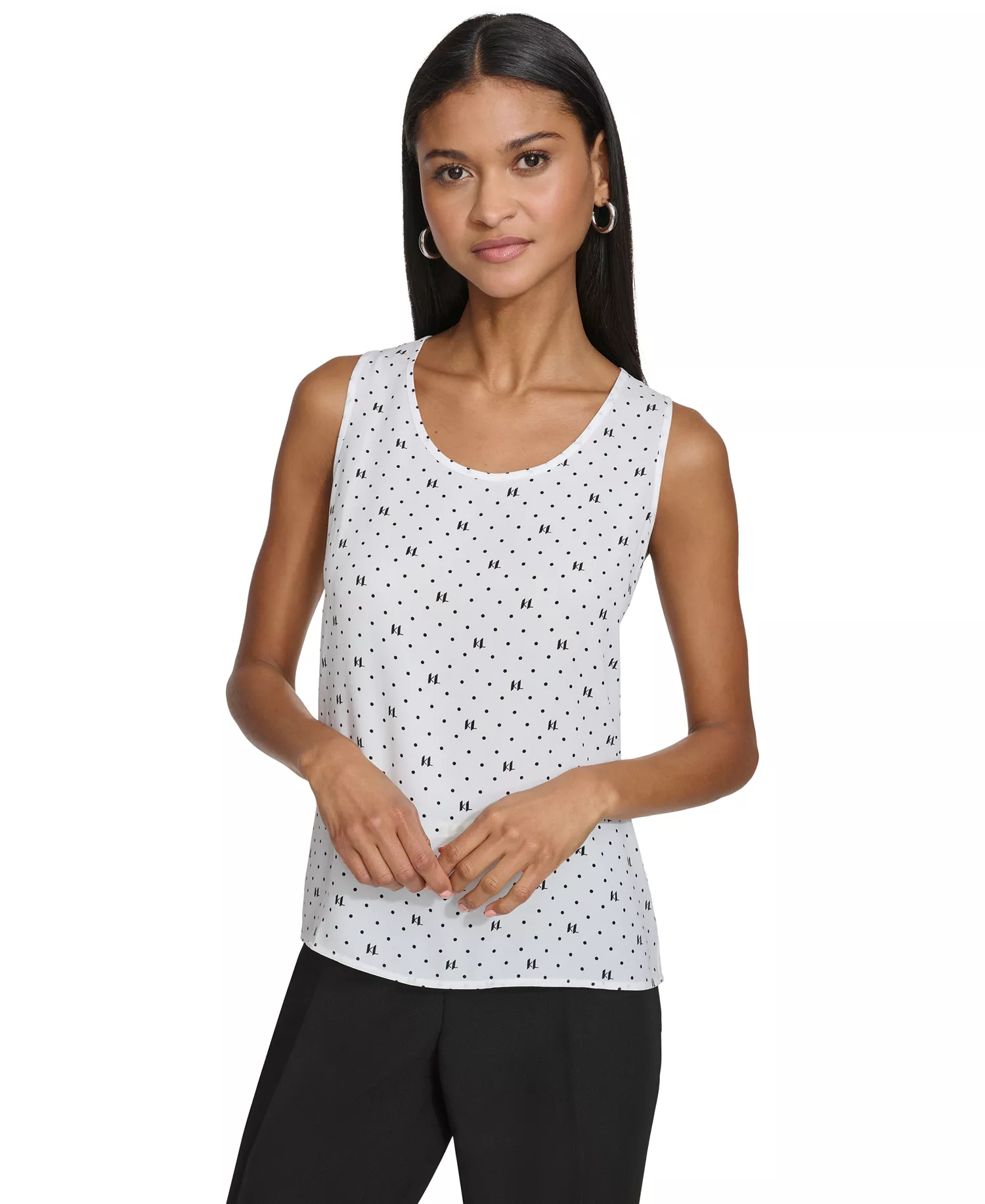 Karl Lagerfeld Women's Dotted Monogram-Print Tank Top - White/Black - L