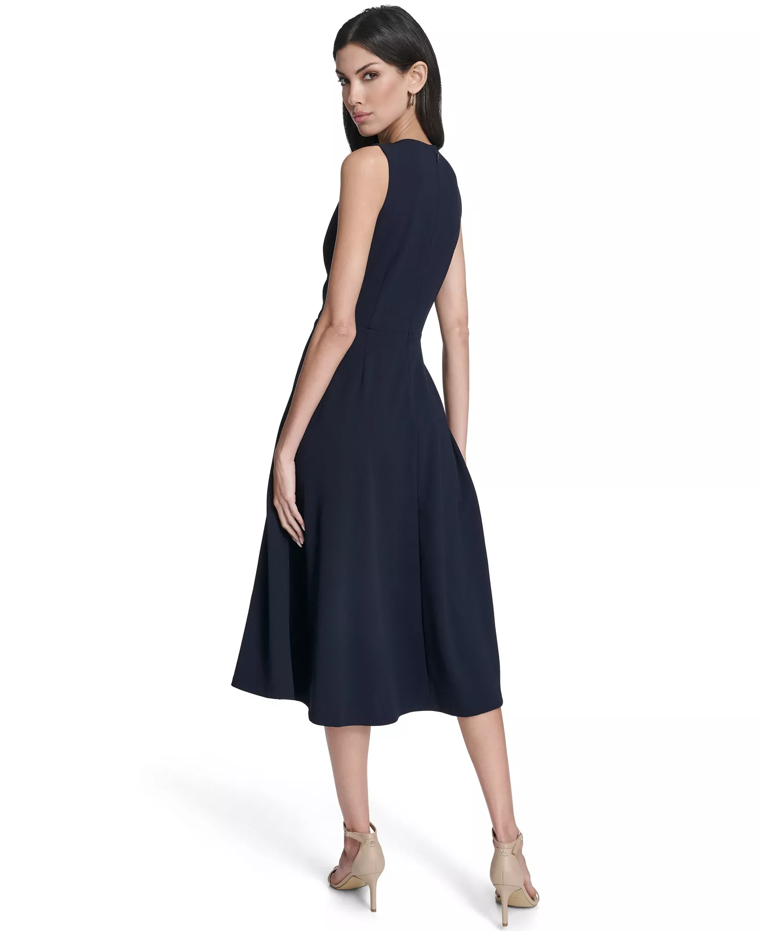 Women's Pleat Detail Crew Neck Midi Dress - Indigo - 10