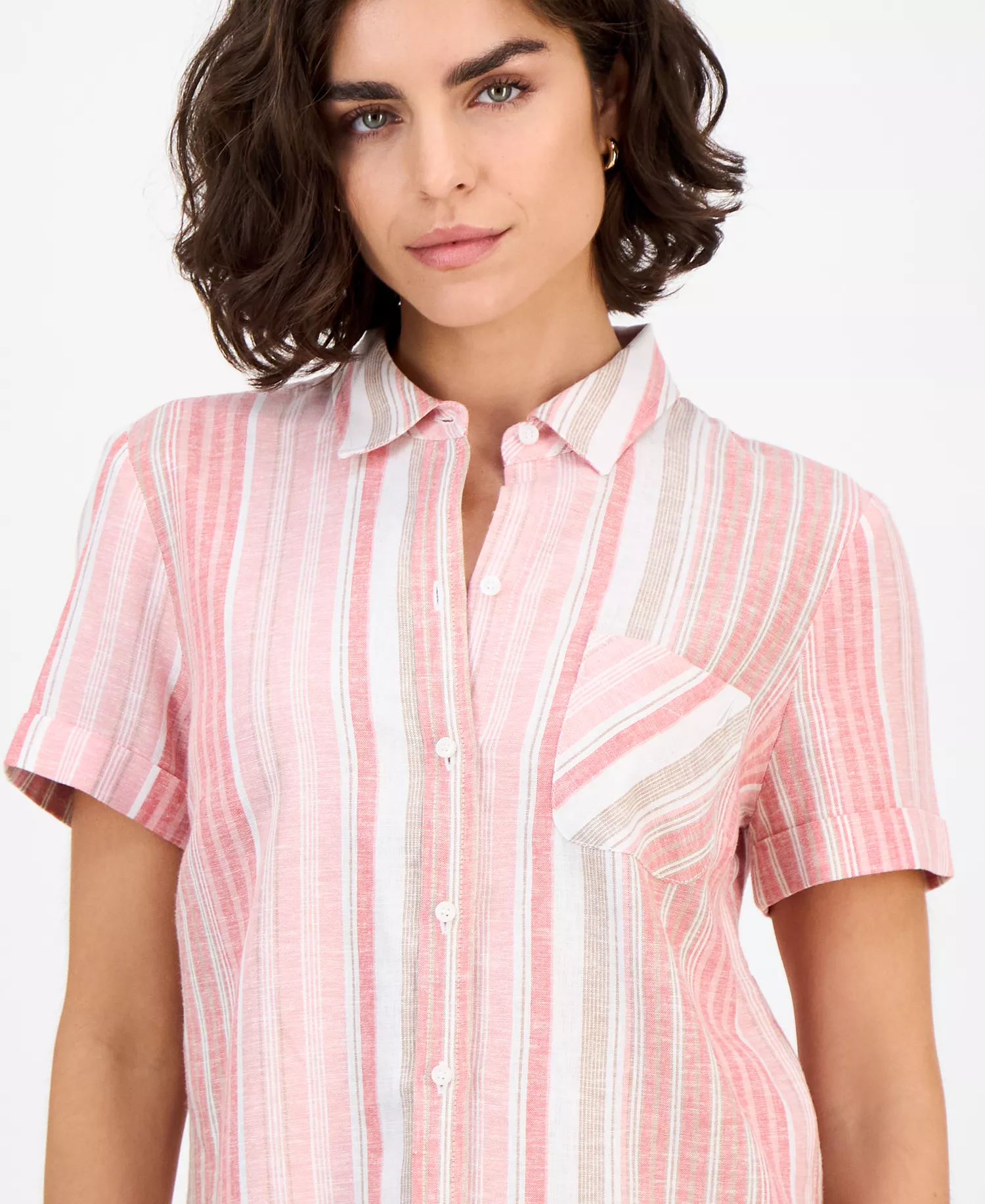 Nautica Women's Striped Short-Sleeve Camp Shirt - Bridal Rose Multi - L