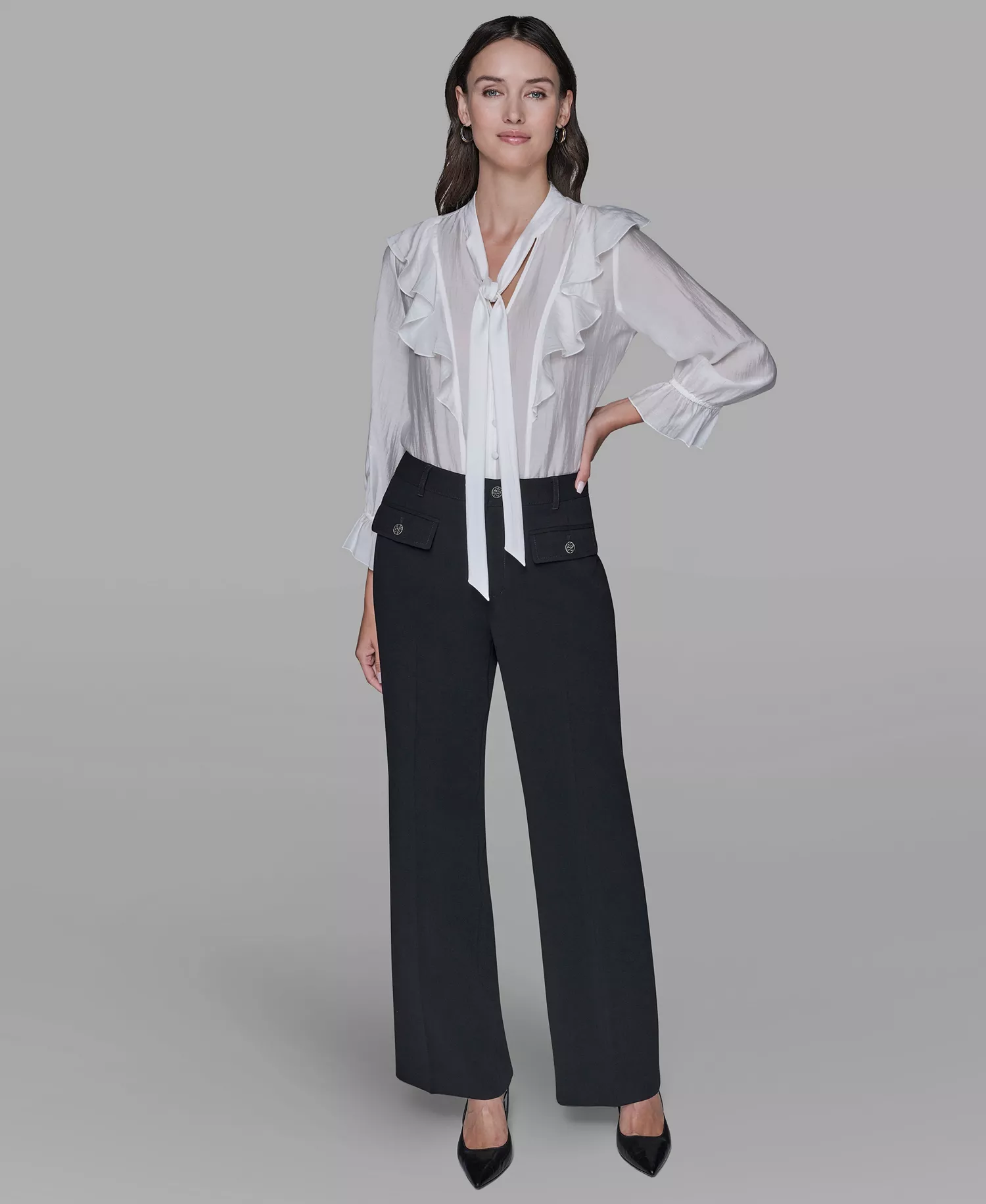 Women's Mock Neck Solid Organza Blouse - Soft White - L