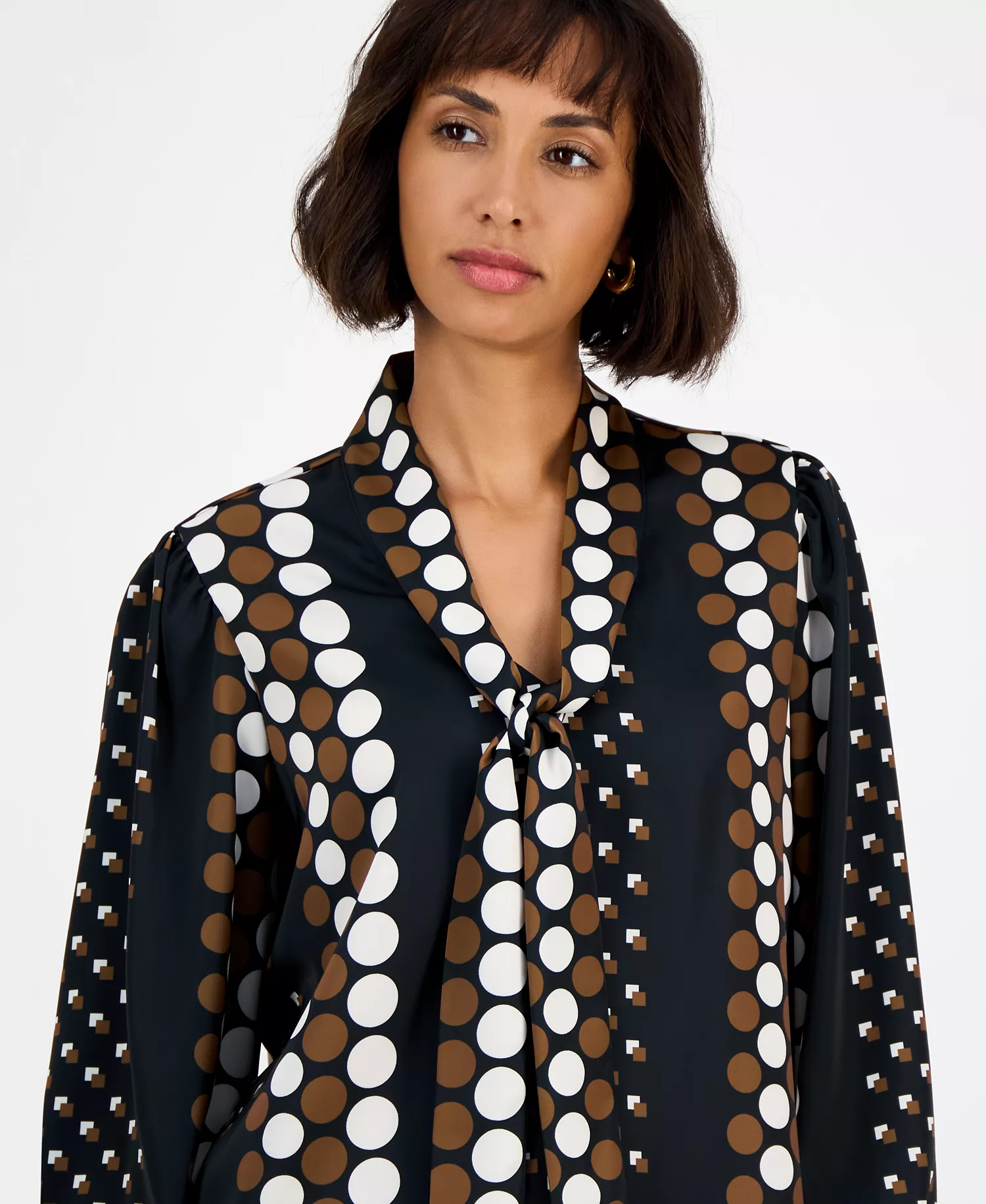 Women's Printed Tie-Neck Long-Sleeve Blouse  - Wallpaper Dot - S