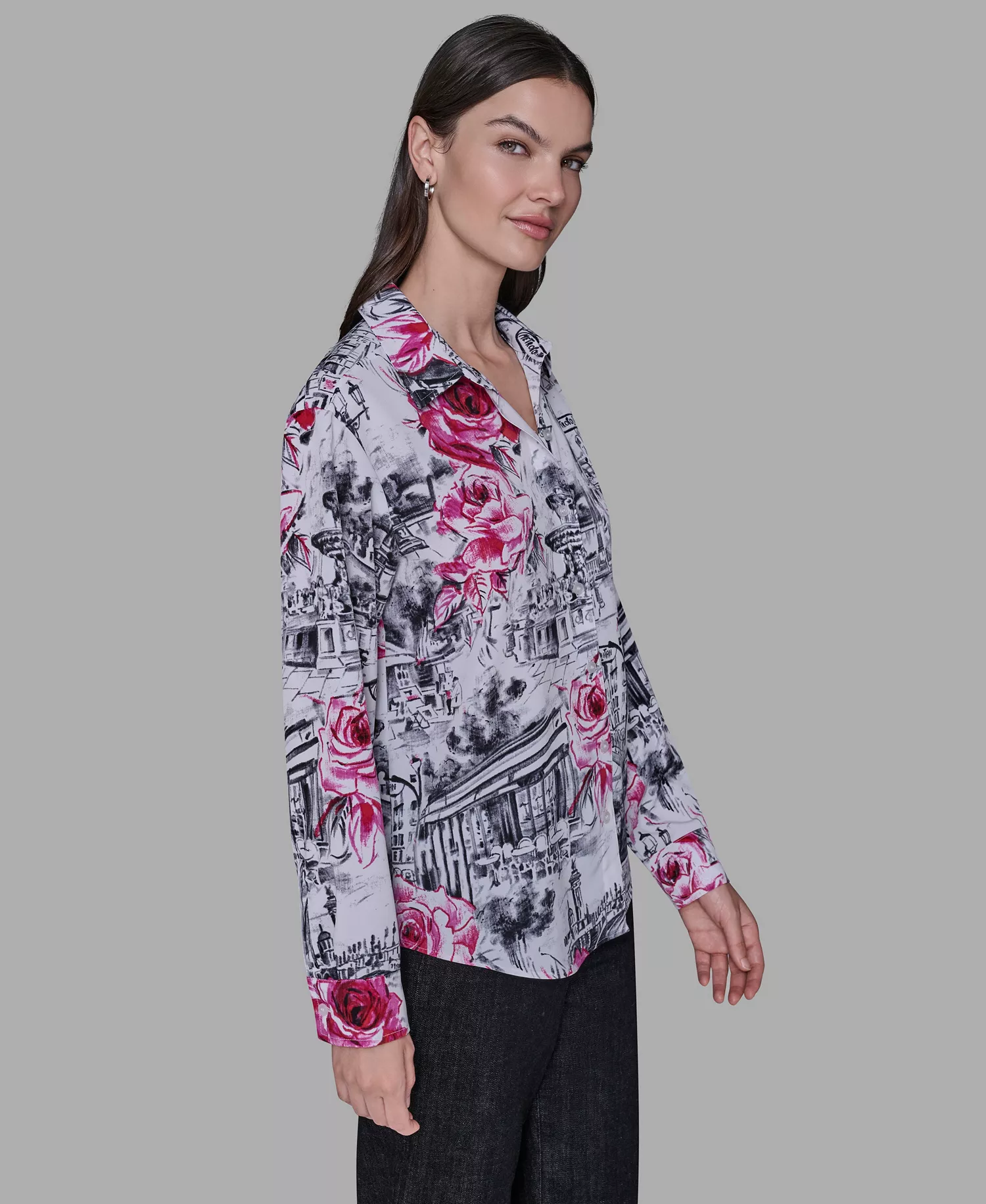 Women's Floral Print Collar Top - White multi - M