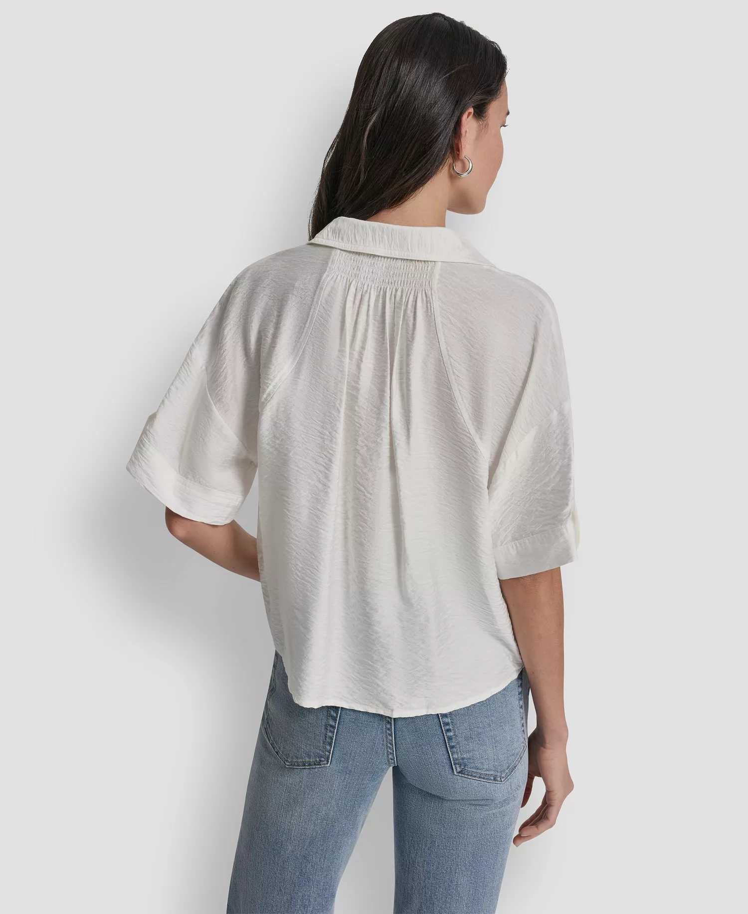 Women's Collared Neck Short Roll Tab Sleeve Shirt - Ivory - L