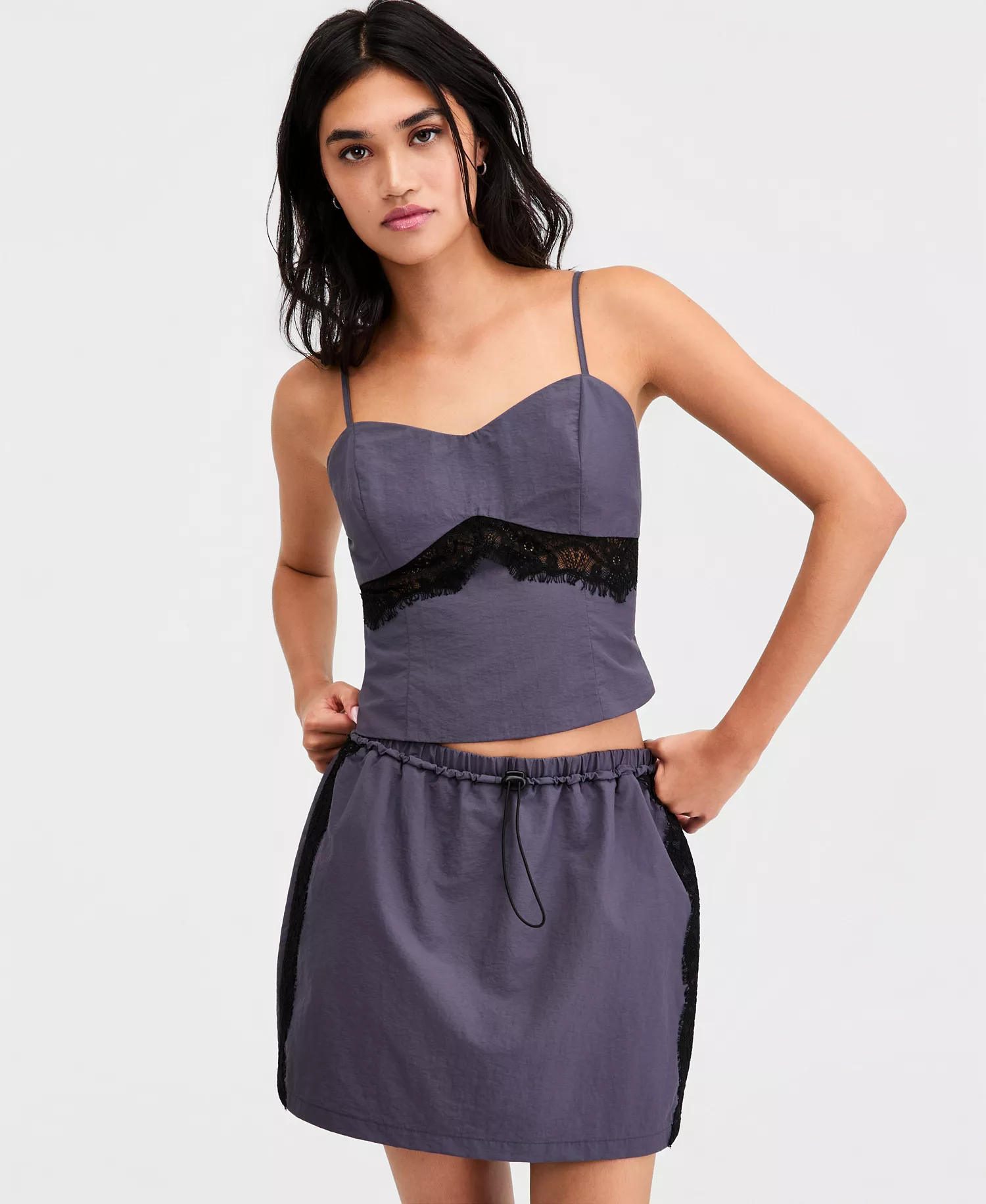 Women's Lace-Trim Cropped Top, Macy's Exclusive - Slate Gray - L