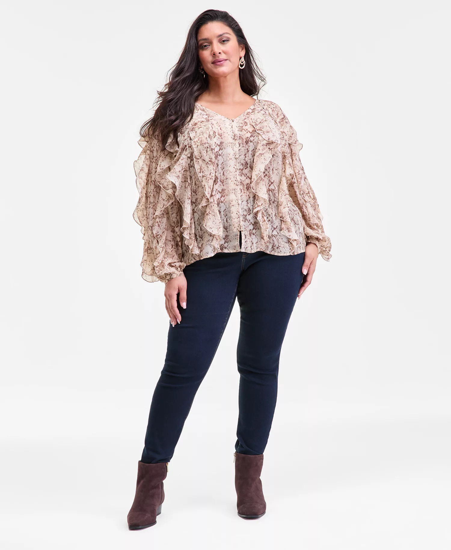 Plus Size Printed Long-Sleeve Ruffled Blouse, Macy's Exclusive  - Mia Snake - 0X