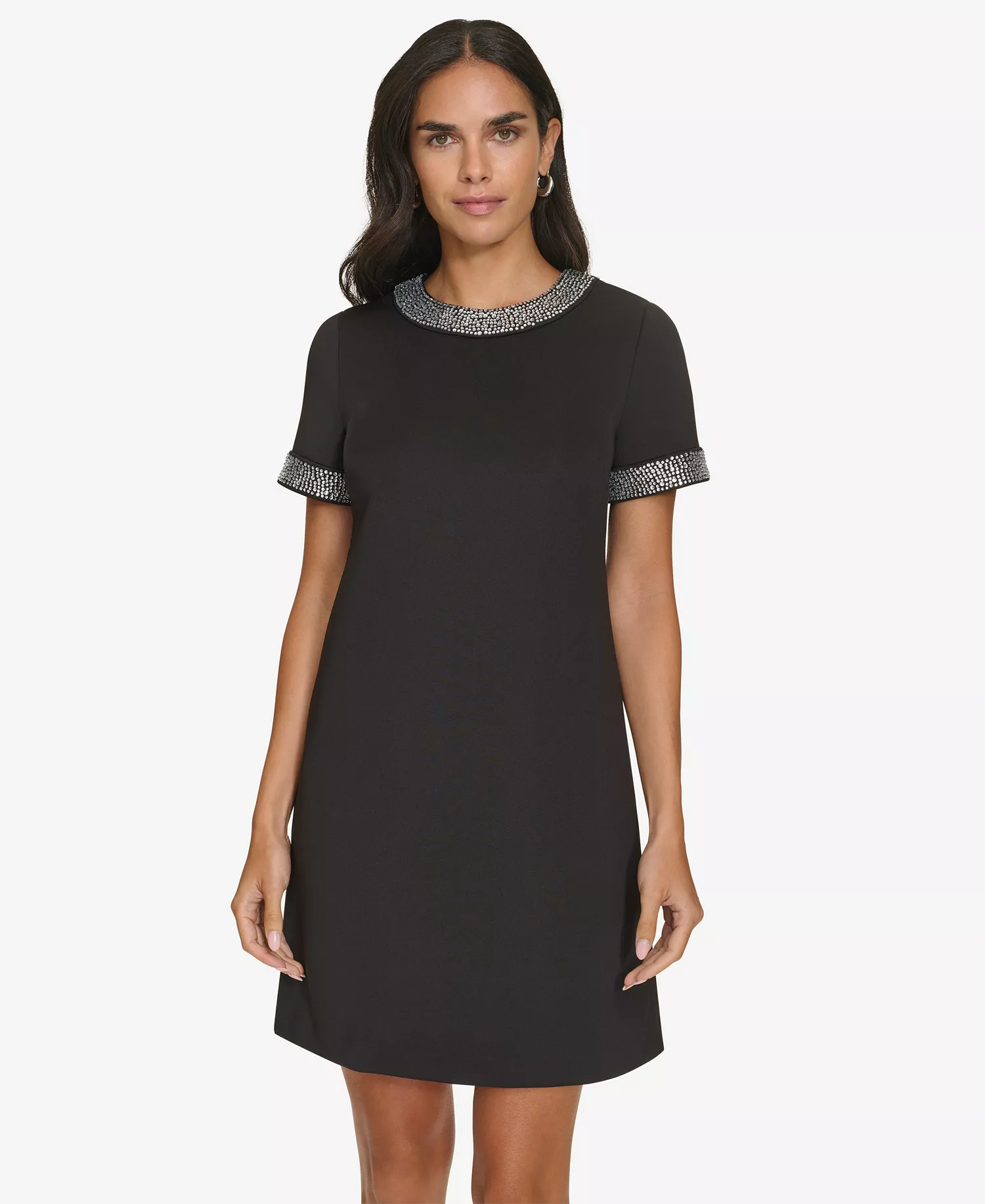 Women's Short Sleeve Bling Trim Shift Dress - Black - 6