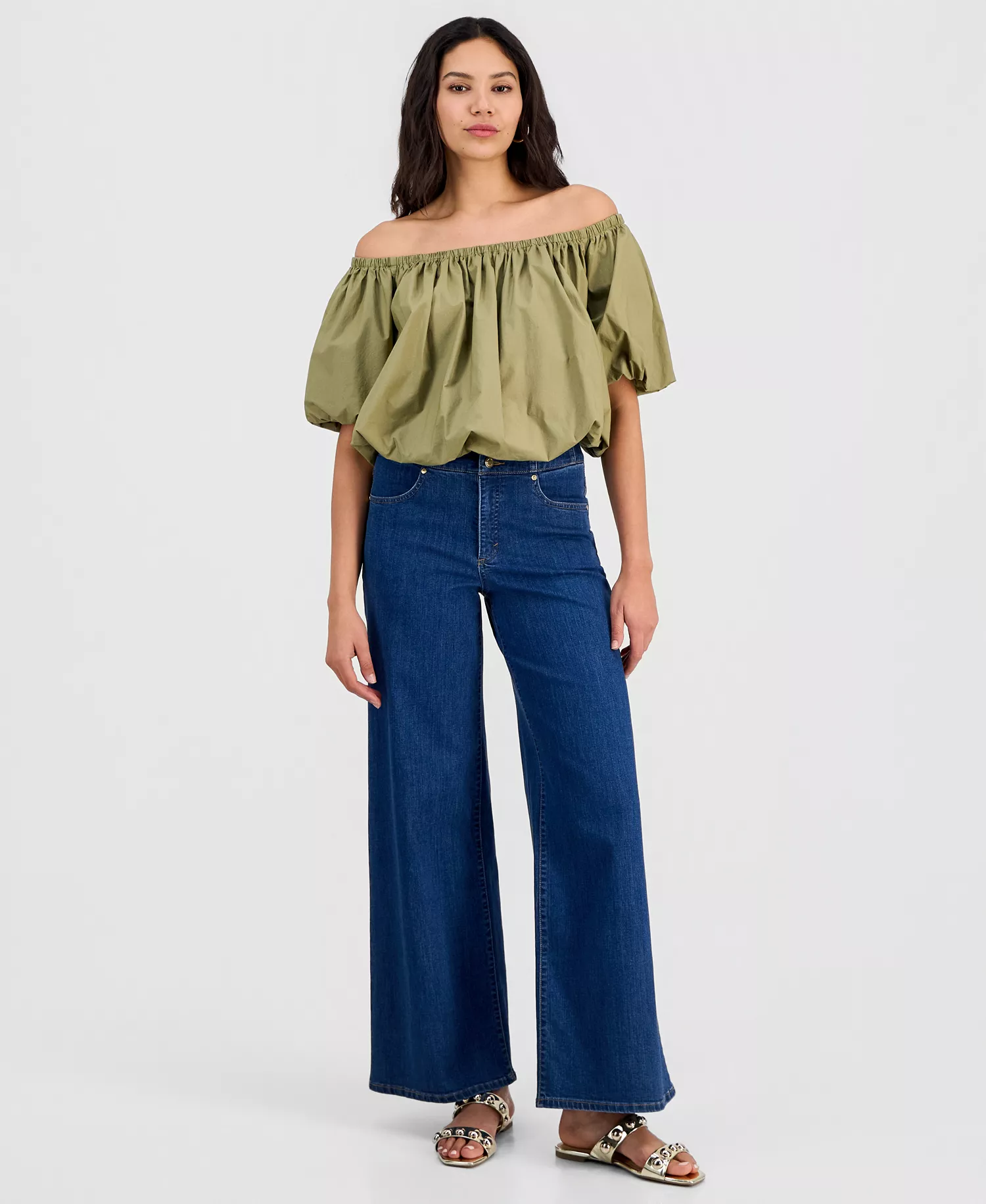 Women's Cotton Off-The-Shoulder Bubble-Hem Blouse, Macy's Exclusive - Dried Herb - L
