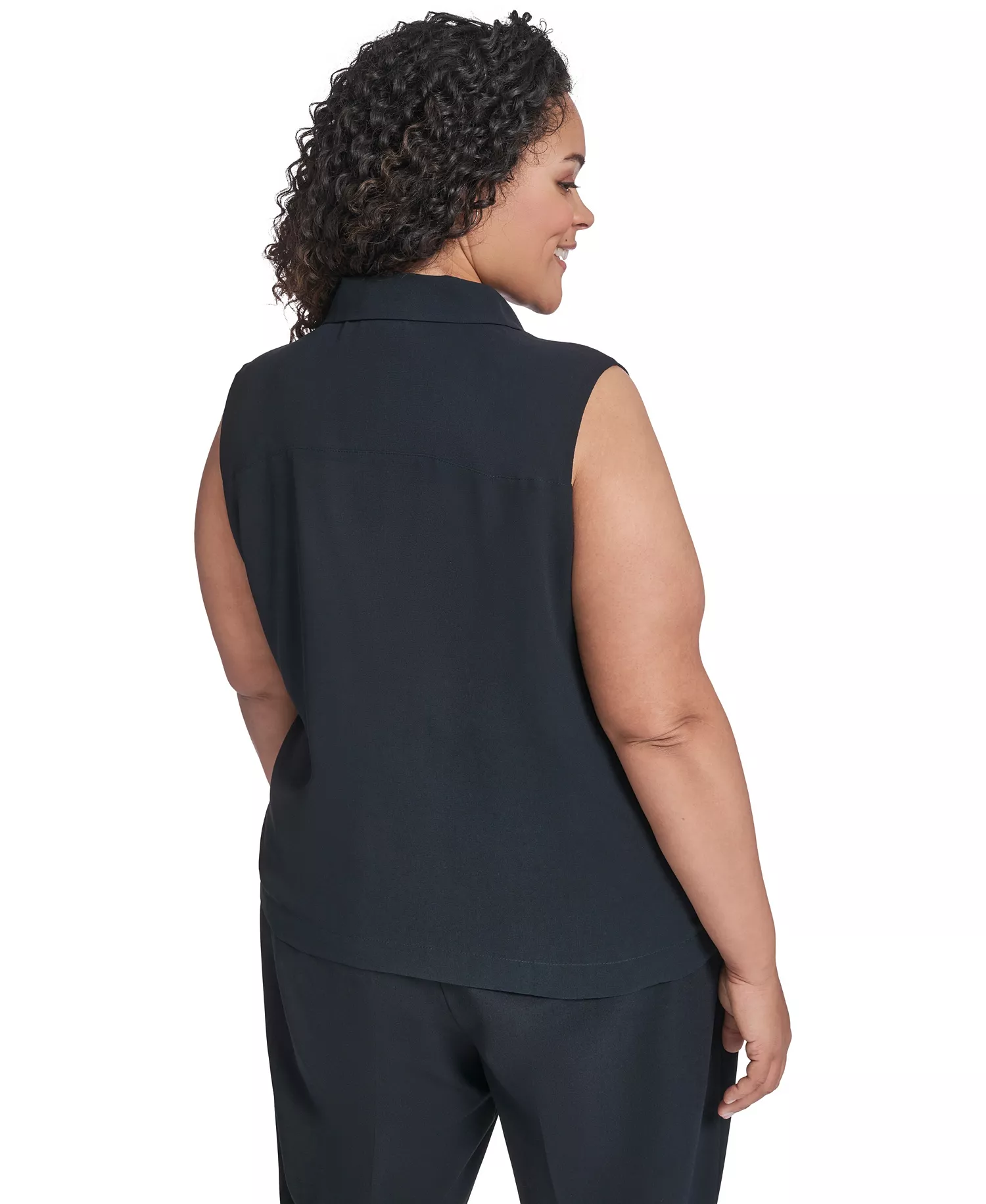 Plus Size Collared Neck Sleeveless Top - Navy - 1X