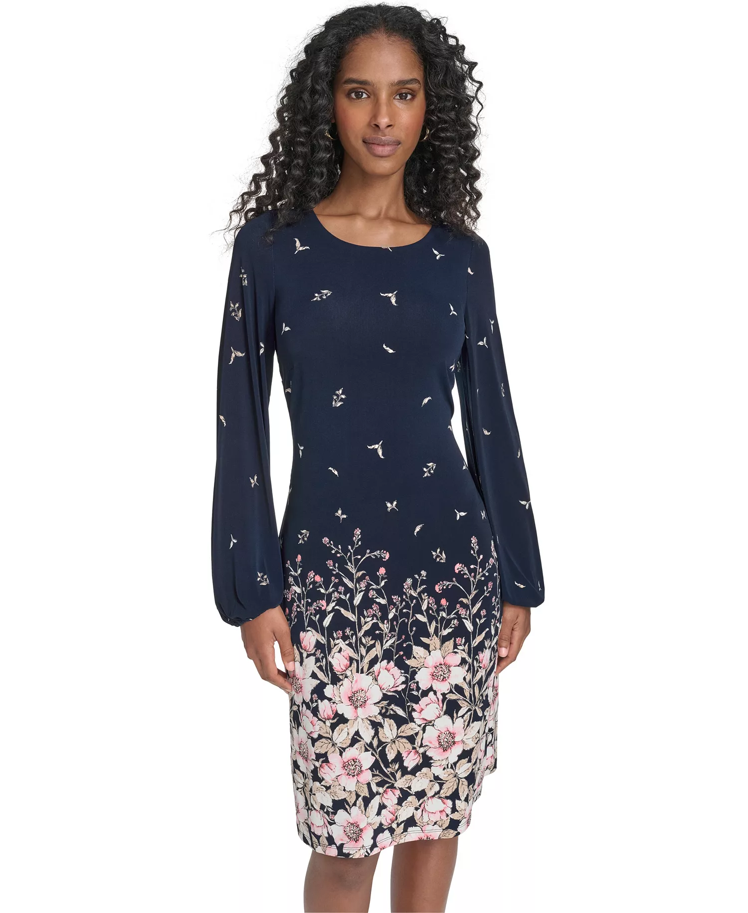 Women's Balloon-Sleeve Border Print Jersey Shift Dress - Sky Captain Multi - 0P