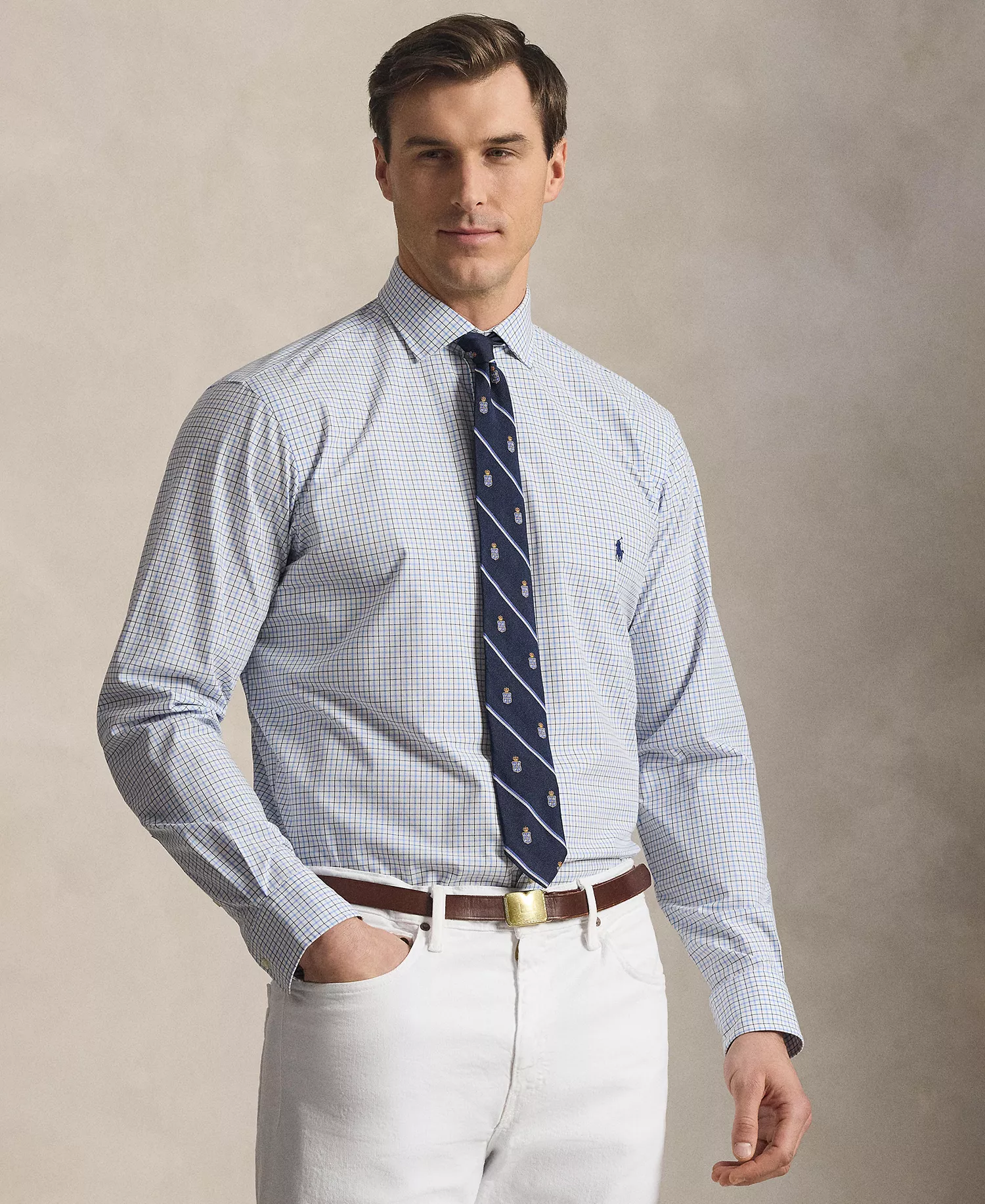 Men's Big & Tall Plaid Stretch Poplin Collared Shirt - Blue White Multi - 2LT