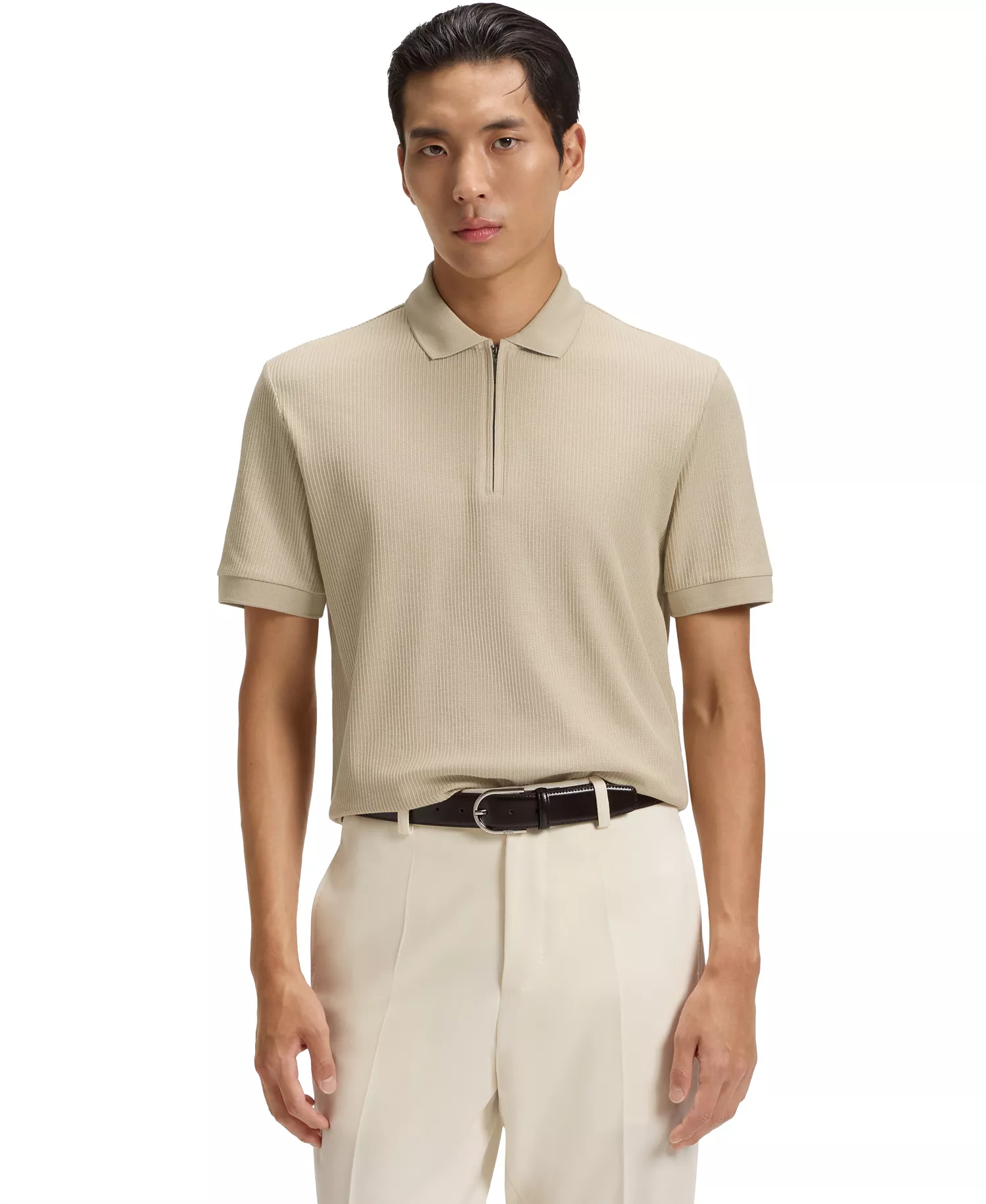 Men's Zip Placket Structured-Cotton Polo Shirt - Open Beige - 2XL