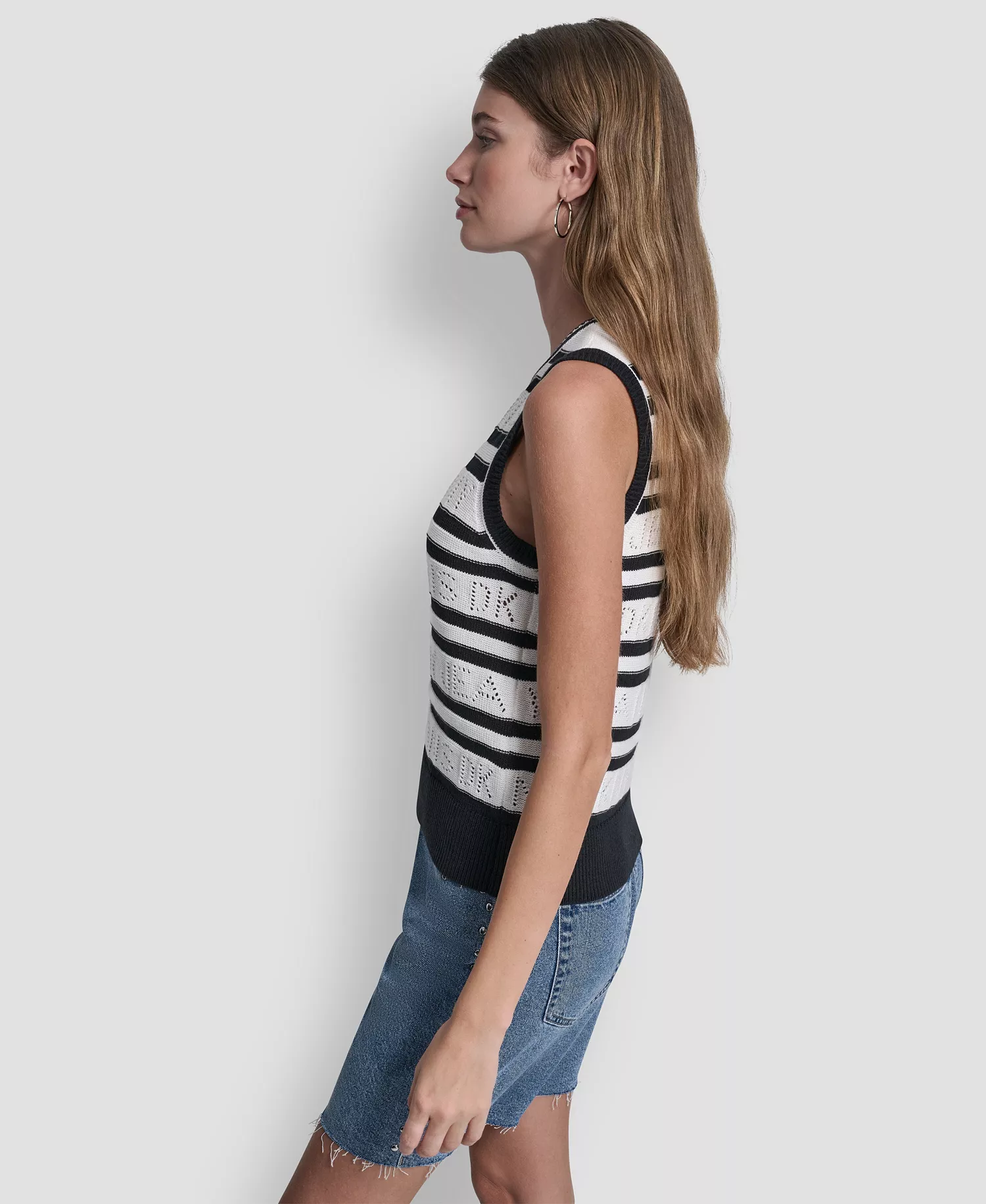 Women's Sleeveless Logo Pointelle Striped Sweater - Ivory/black - L